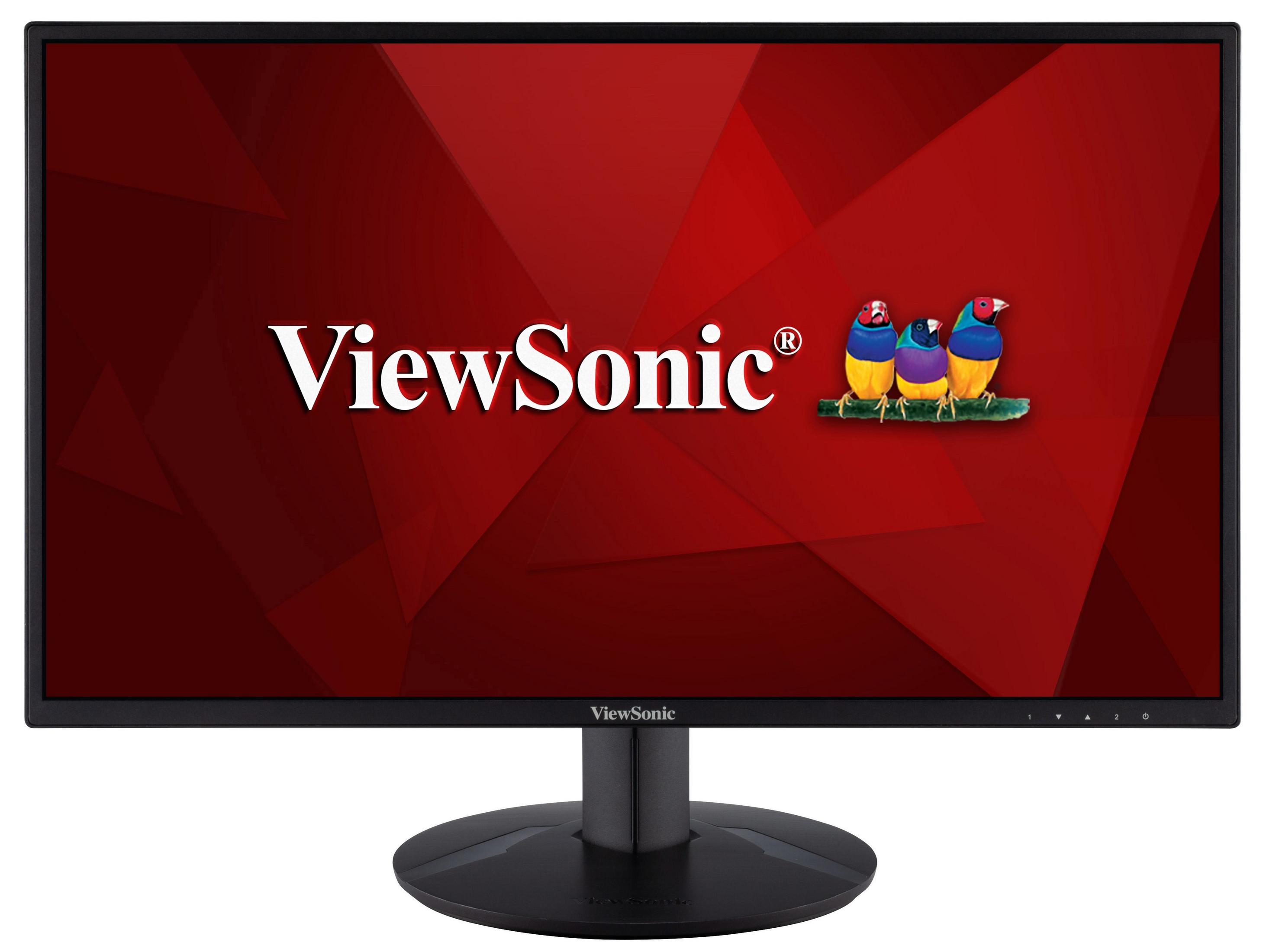 Monitor ViewSonic con sfondo rosso e logo del marchio.