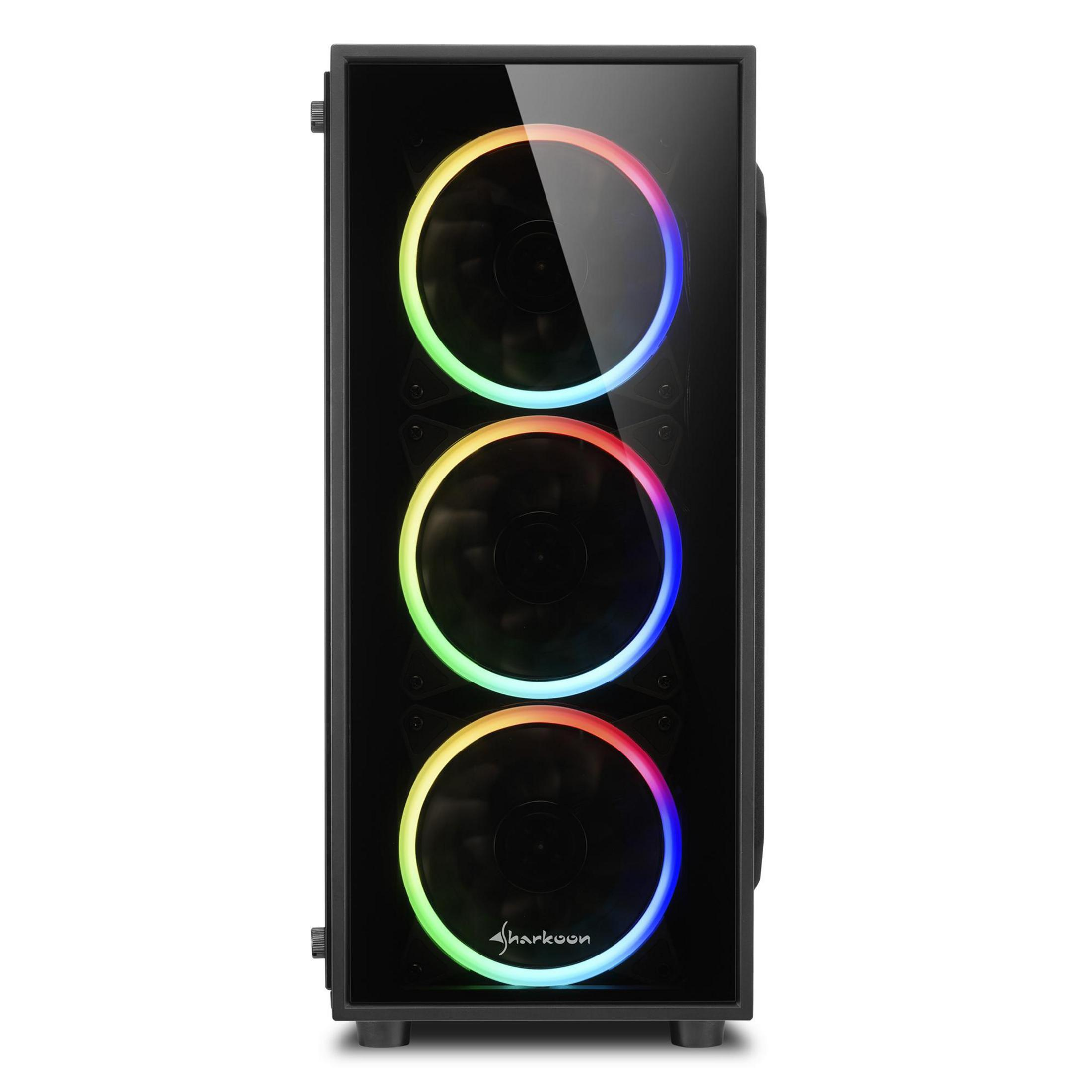 Un case per computer nero con pannello frontale in vetro, che mostra tre ventole illuminate con effetto arcobaleno.