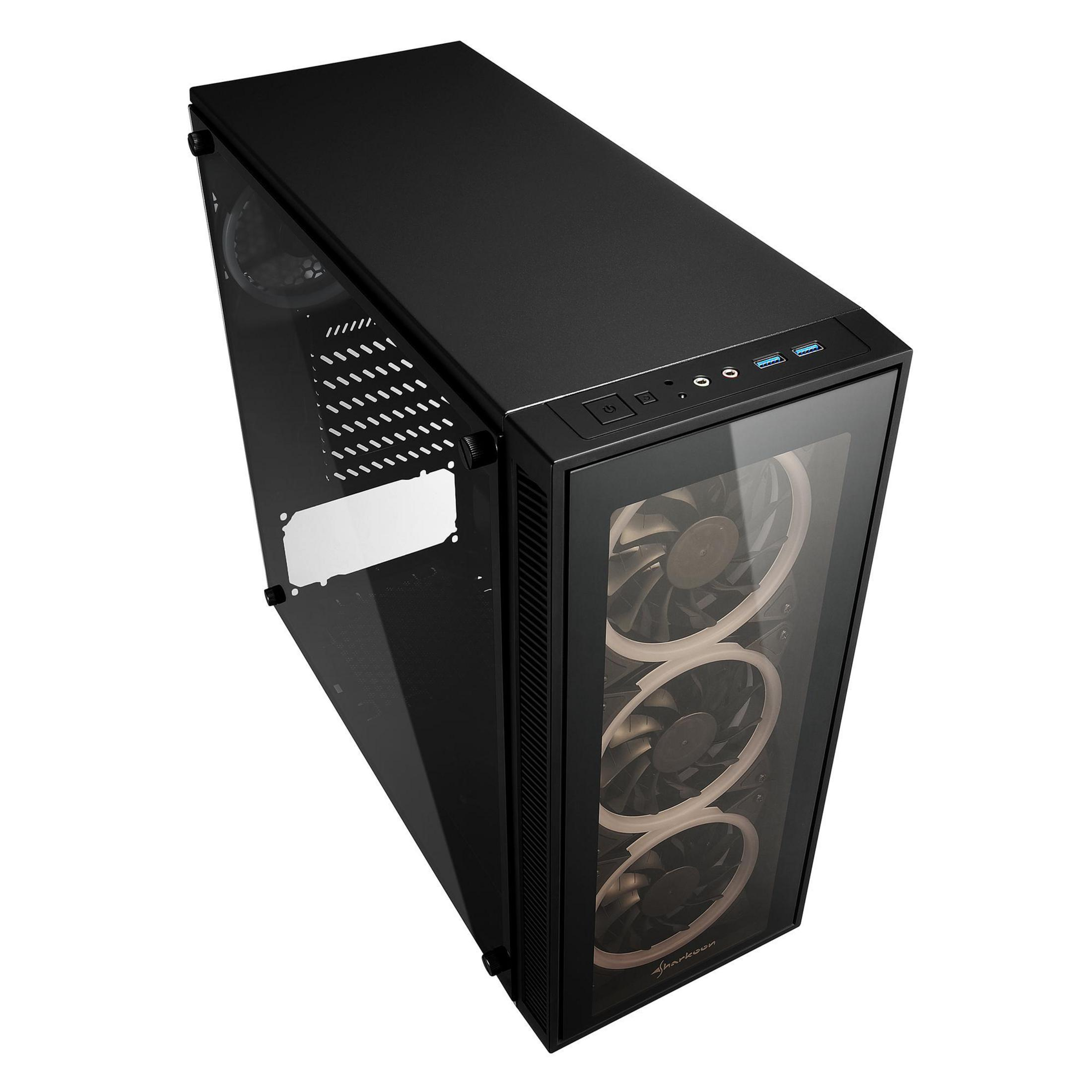 Case per computer nero con pannello laterale in vetro, che mostra le ventole interne. Sfondo bianco.