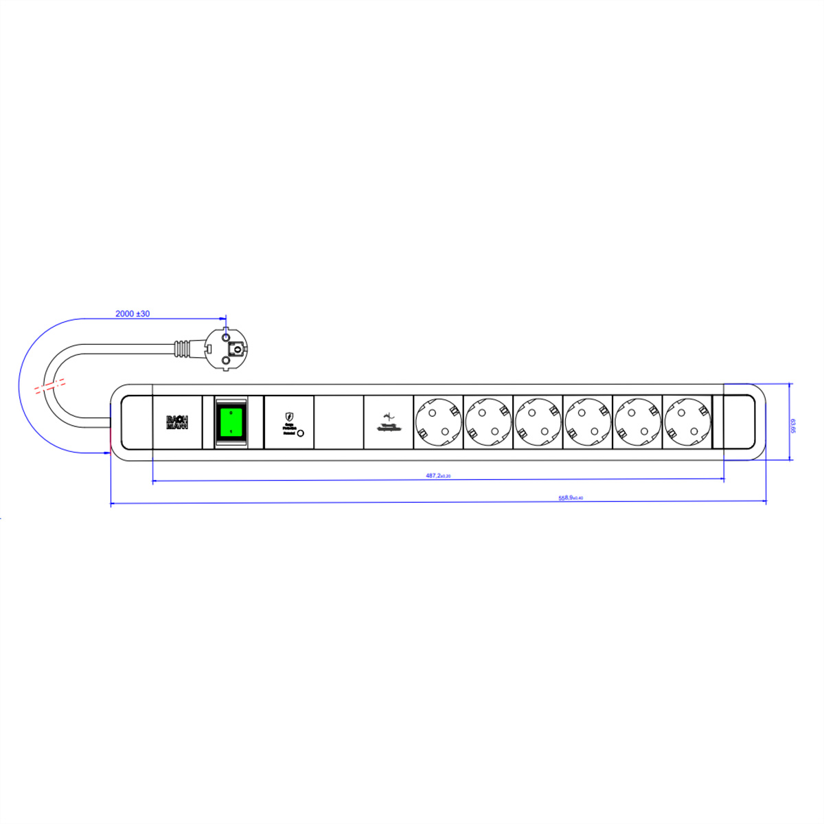 Technische Zeichnung einer Steckdosenleiste. Enthält einen Stecker, einen Schalter, mehrere Steckdosen und Maße.