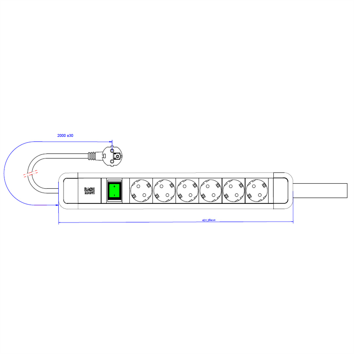Disegno tecnico di una ciabatta con prese multiple e un interruttore verde.