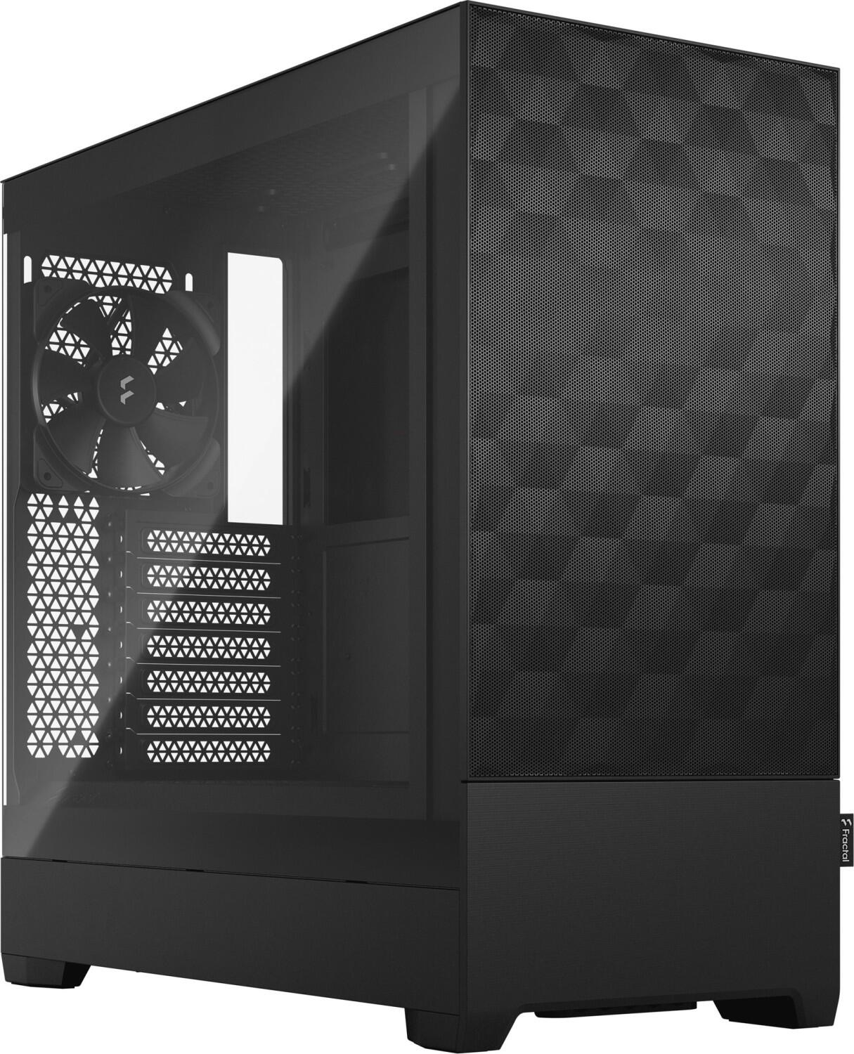 Ein schwarzes Computergehäuse mit Glas-Seitenwand und Mesh-Frontplatte.