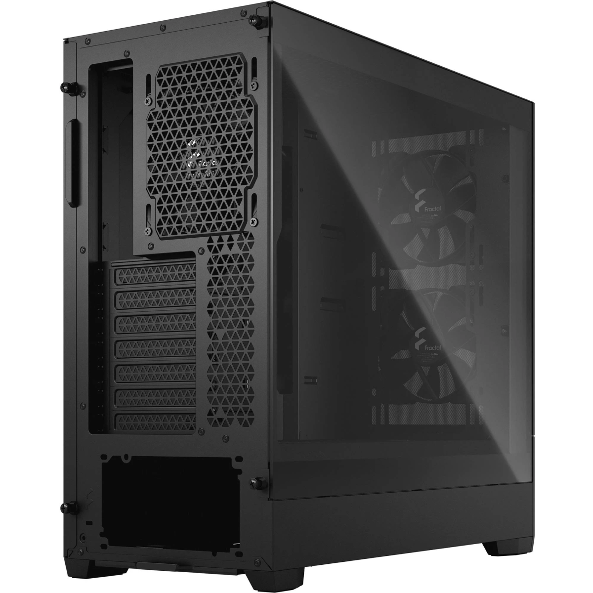 Schwarzes Computergehäuse mit Glas-Seitenwand, zeigt interne Komponenten.