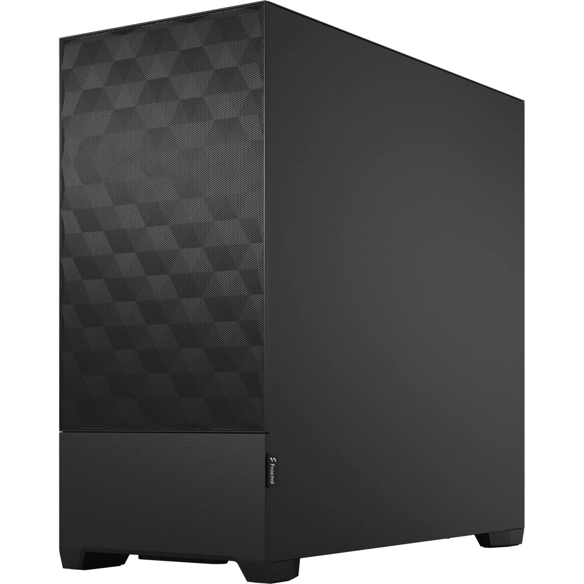 Ein schwarzes Computergehäuse mit einer Mesh-Frontplatte und einer soliden Seitenplatte.