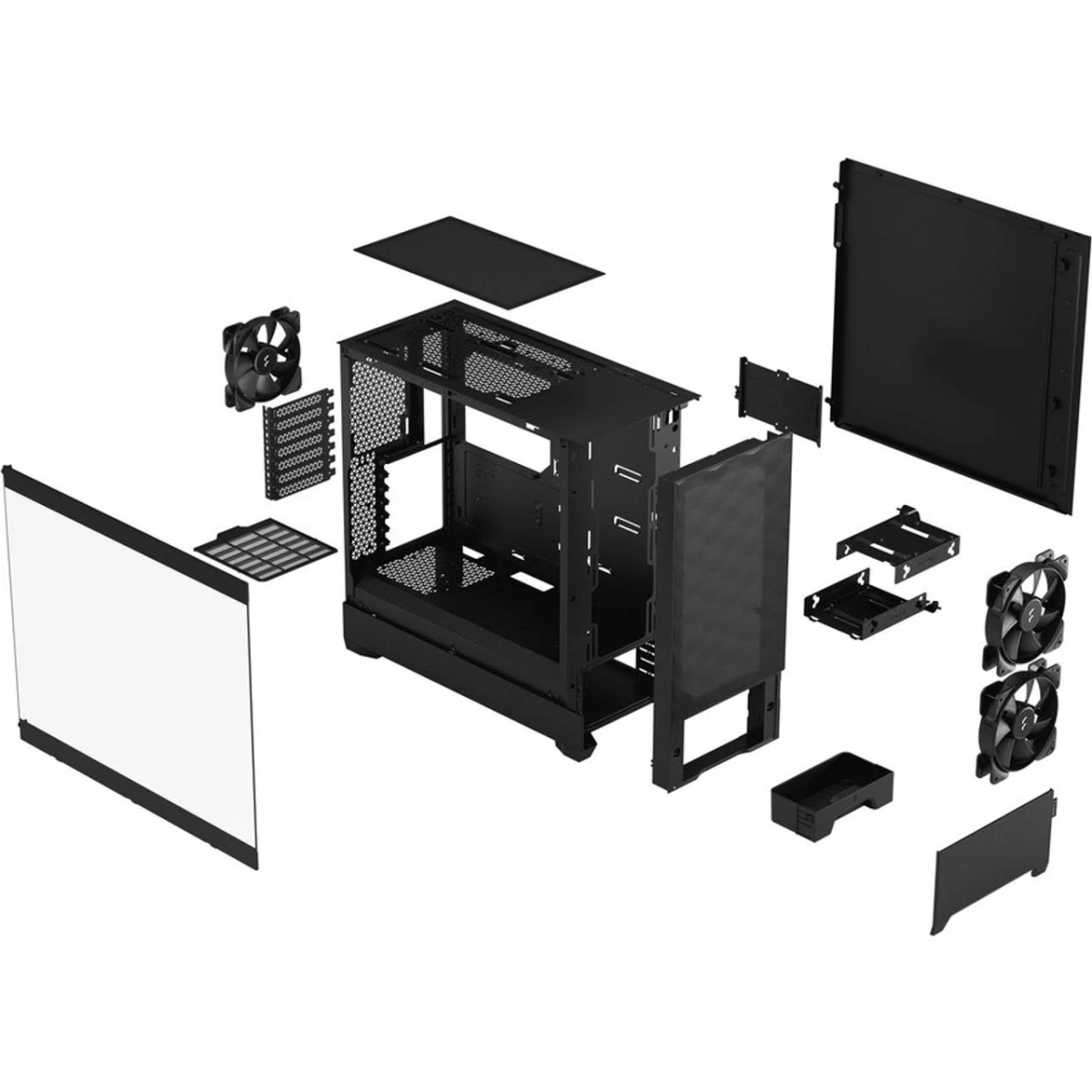 Zerlegtes schwarzes Computergehäuse mit verschiedenen Teilen, auf weißem Hintergrund gezeigt.