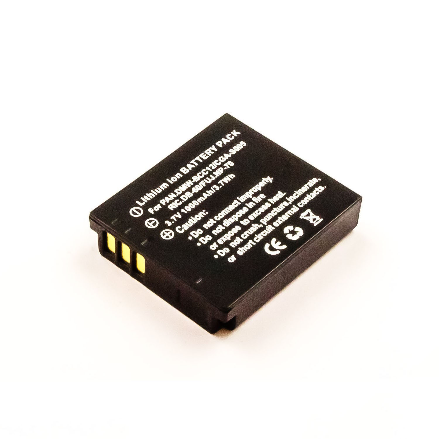 Ein schwarzer, rechteckiger Lithium-Ionen-Akku für eine Kamera, mit Warnhinweisen und Anschlüssen.