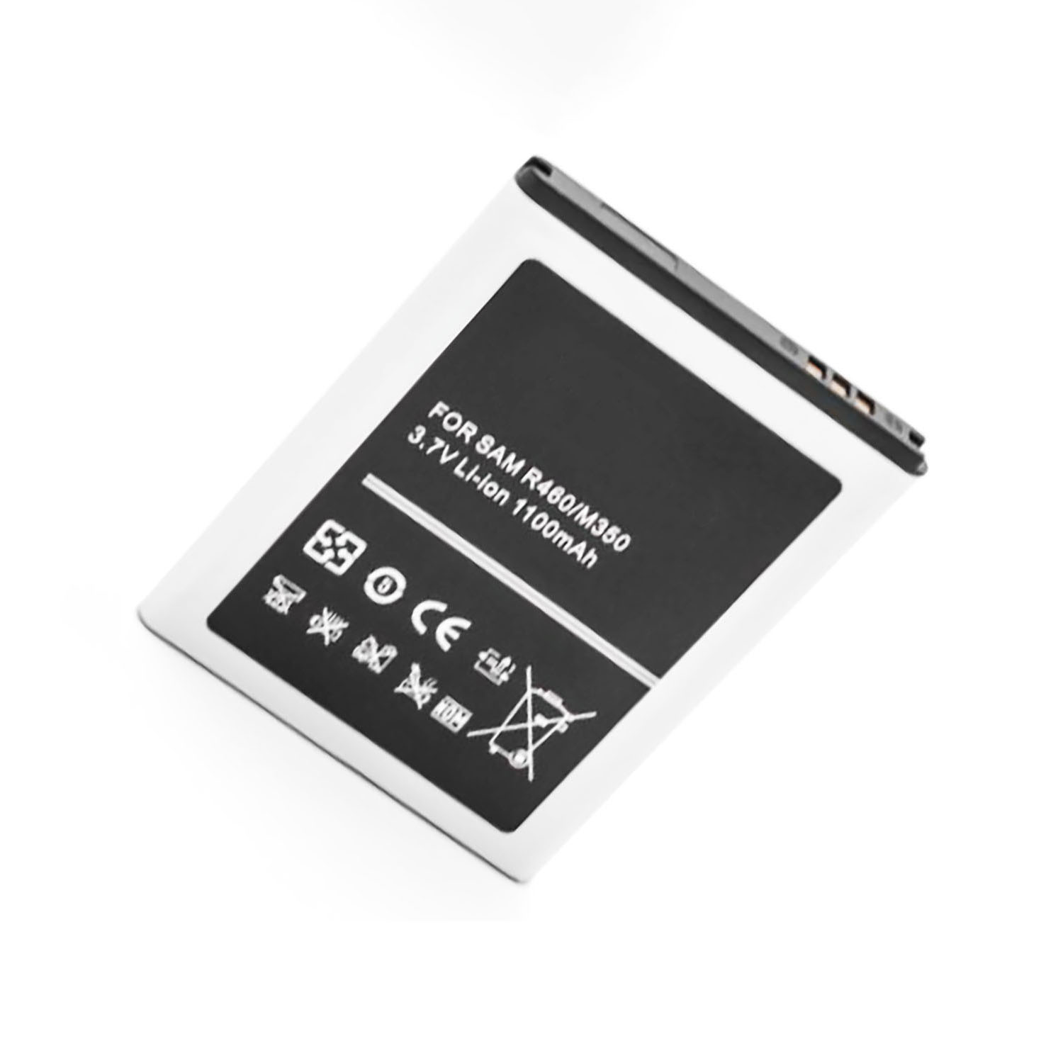 Weiße Samsung Batterie mit schwarz-weißem Etikett. Text enthält 'FOR SAM R460/M350' und weitere Infos.