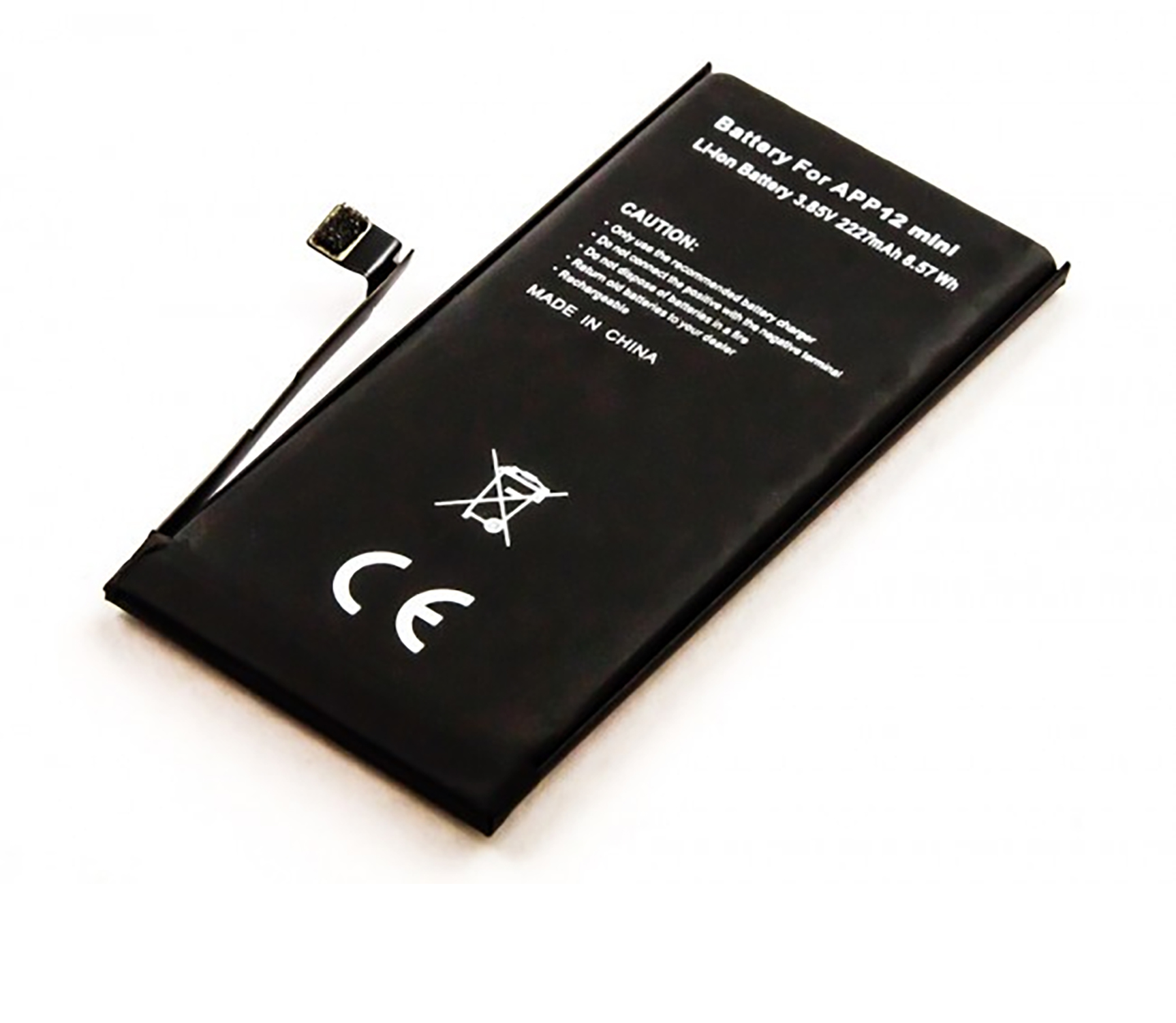 Schwarzer Akku für ein Telefon mit Text und Symbolen. Weißer Hintergrund.