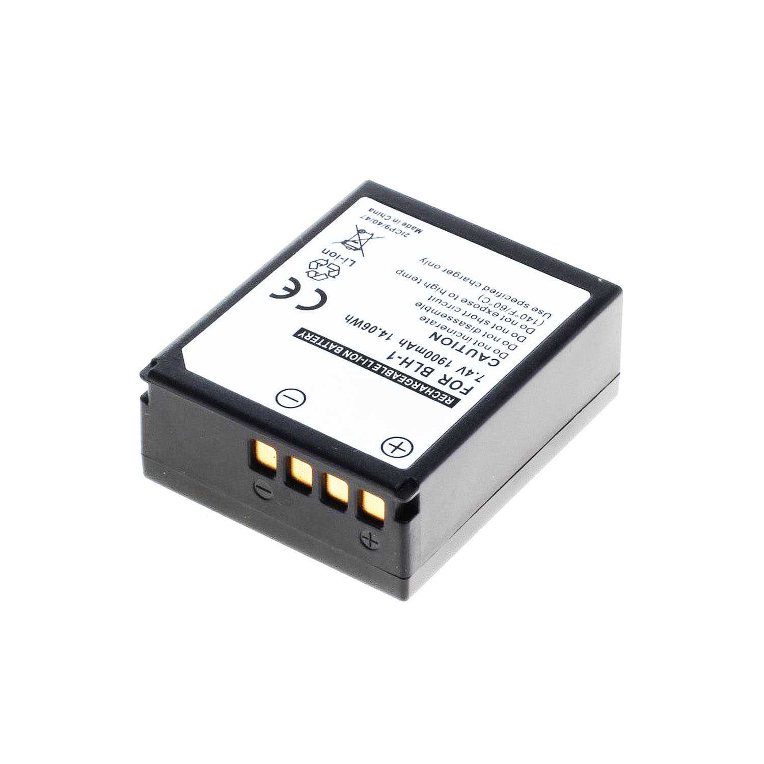 Rechteckiger Akku mit Text: 'RECHARGEABLE LI-ION BATTERY', '7.4V 1900mAh', mit Warnhinweisen.