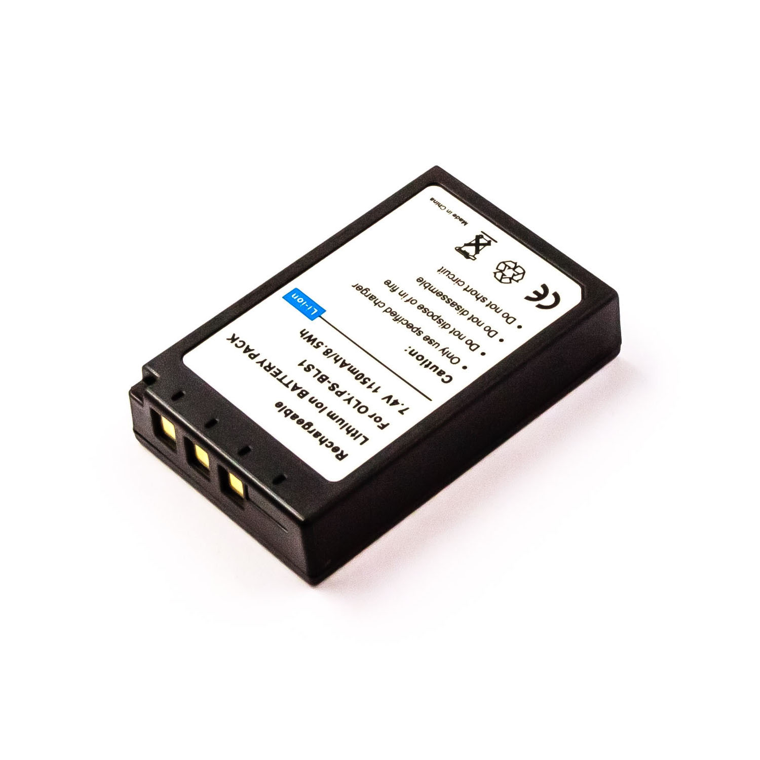 Schwarzer rechteckiger Akku. Text: Wiederaufladbar, 7,4 V, 115 mAh, 3 Wh. Warnhinweise.