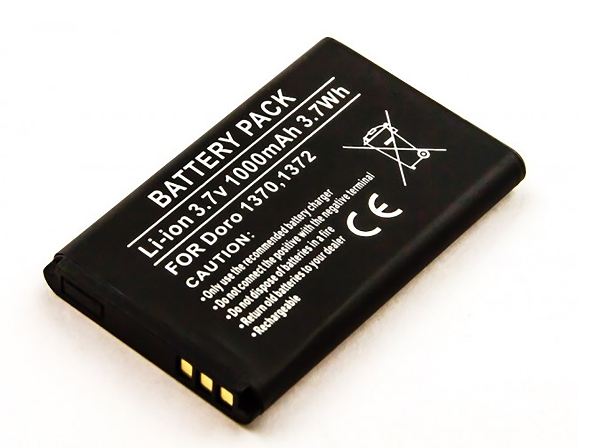Schwarzer Akku mit weißem Text: Akkupack, Li-Ion 3,7V 1000mAh 3,7Wh. Warnhinweise.