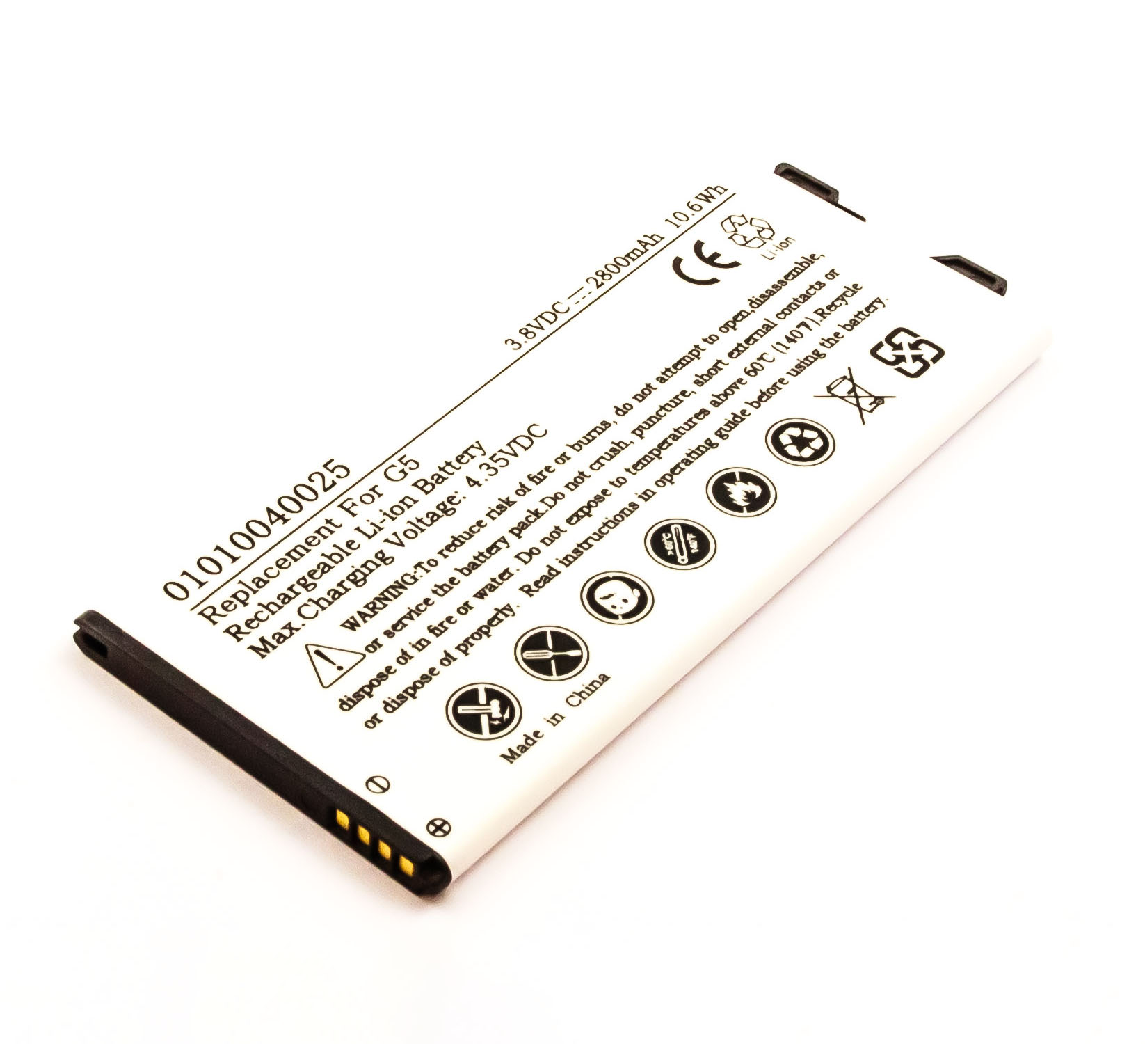 Weißer Akku mit Text und Warnhinweisen, hergestellt in China. Die Batterie ist weiß mit schwarzen Akzenten.