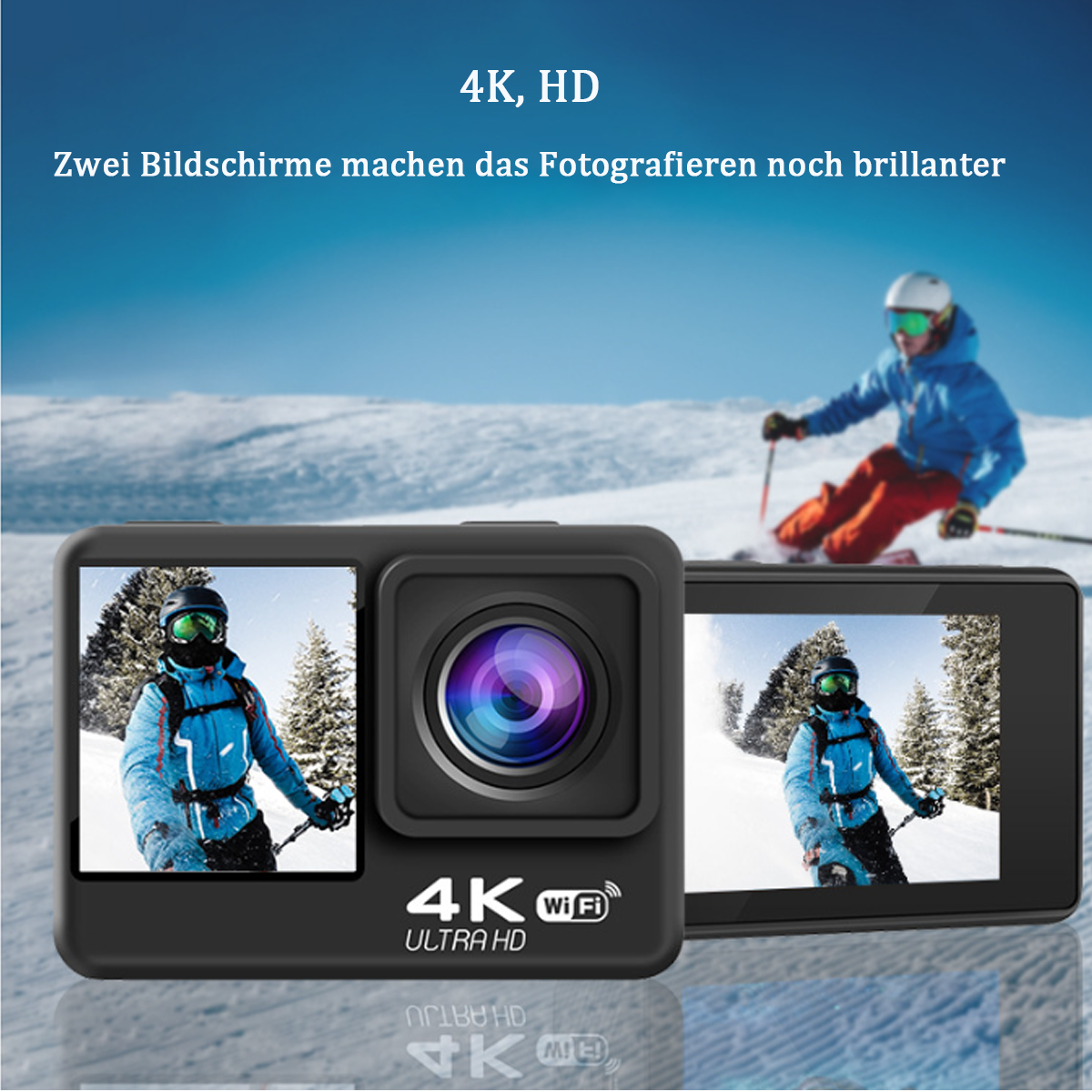 Schwarze Action-Kamera mit zwei Bildschirmen, einer zeigt Skifahrer. Text oben: 4K, HD. Text unten: 4K Ultra HD.