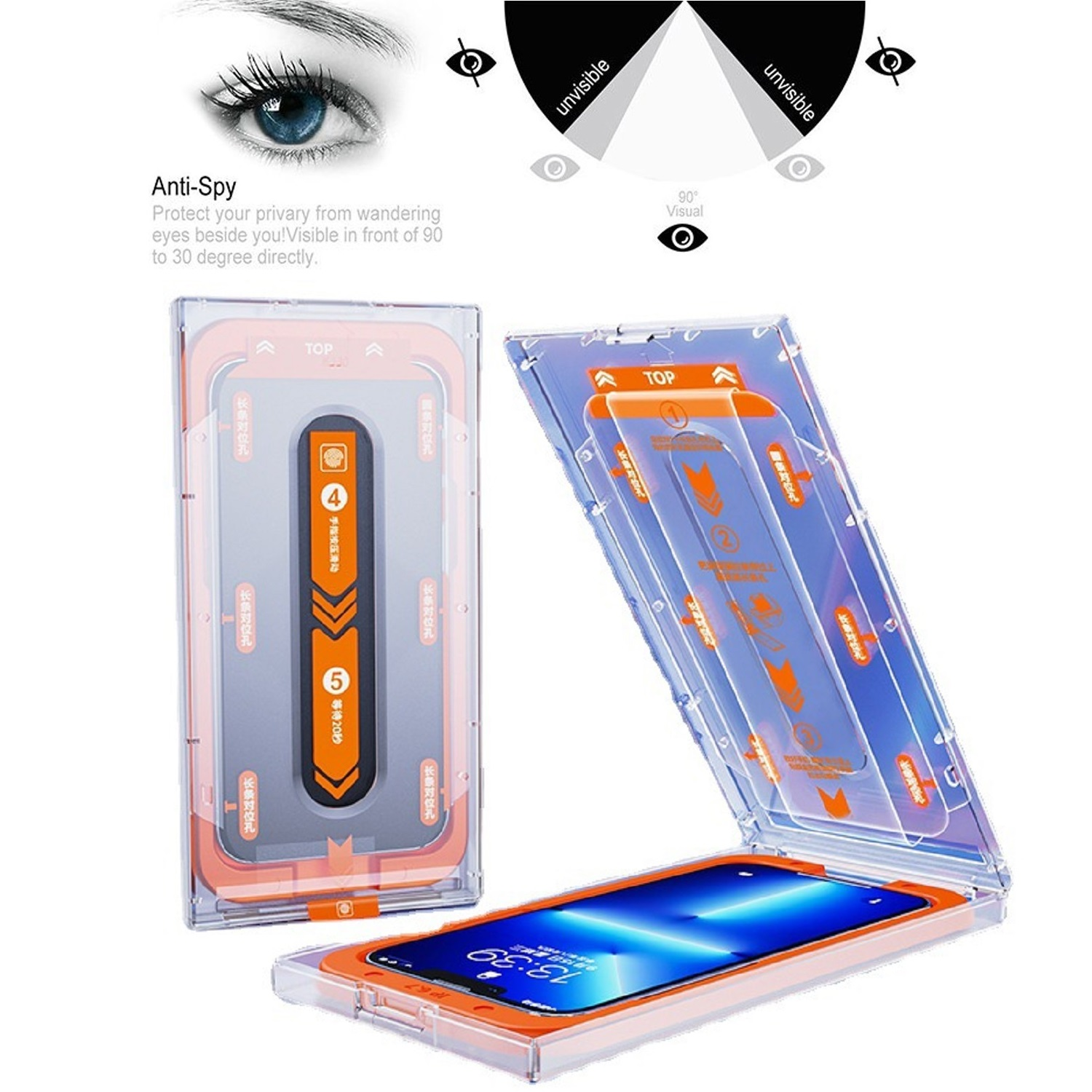 Zwei transparente Handyschutzfolien in einer Verpackung, mit einem Telefon darin.