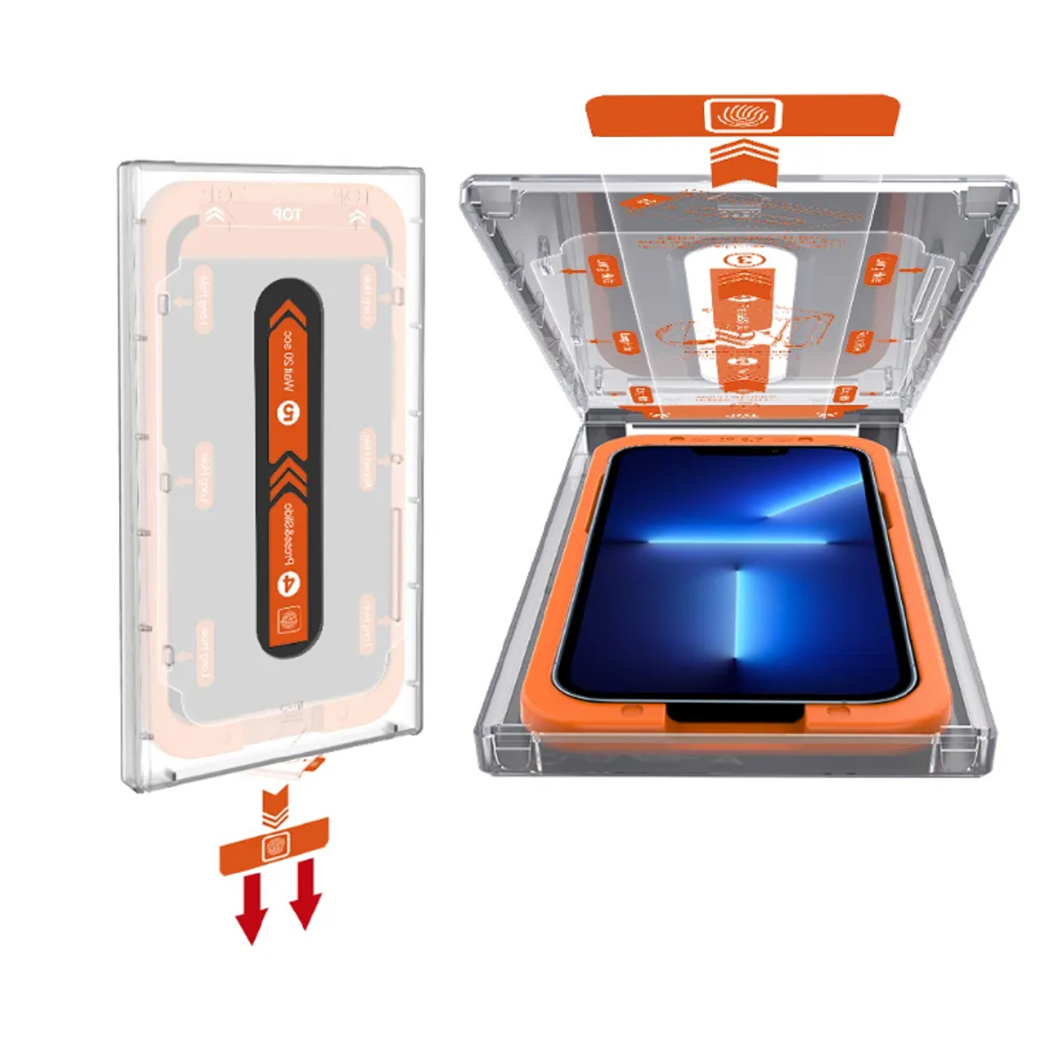 Ein Displayschutz-Applikationskit in einem offenen Gehäuse, orangefarbener Rahmen.