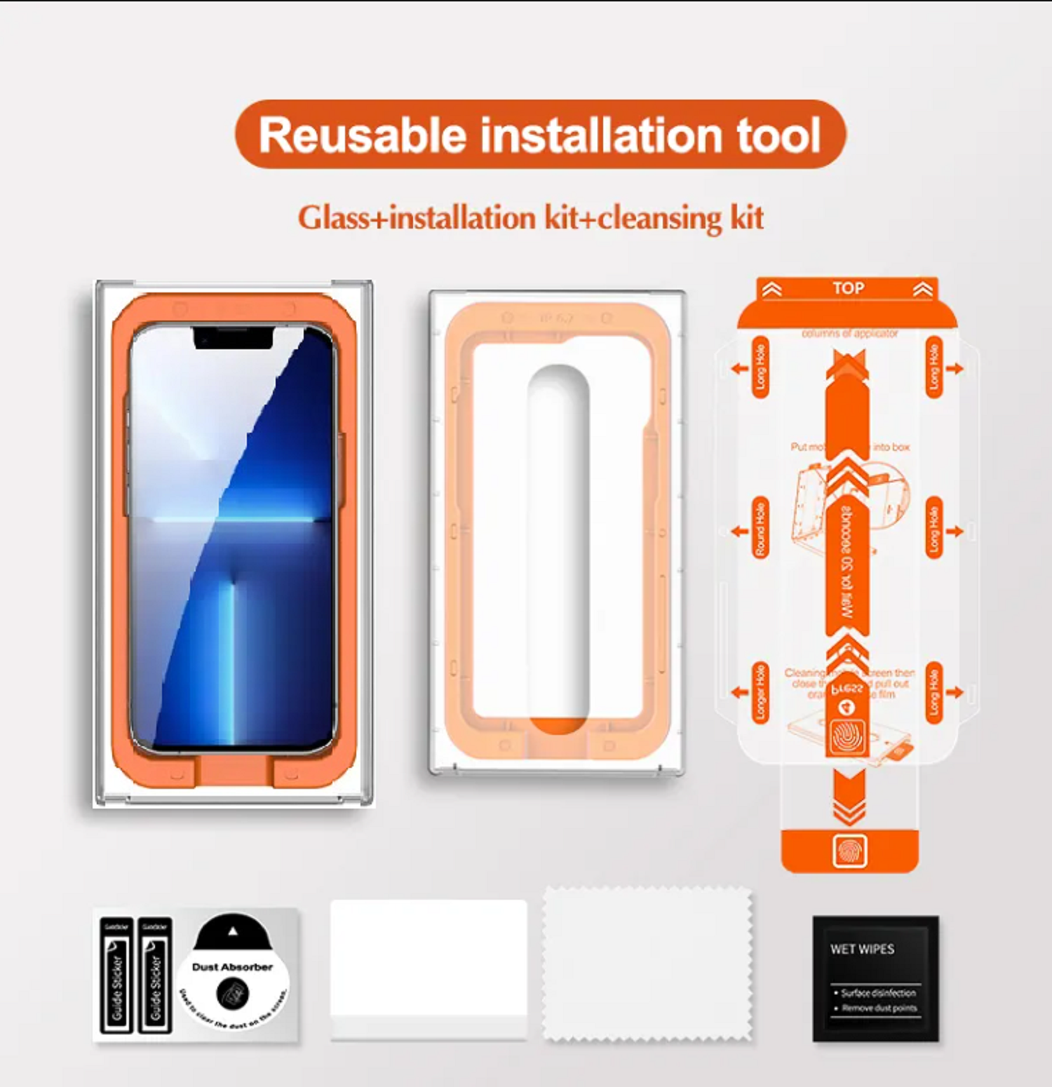 Installationswerkzeuge für einen Displayschutz, einschließlich Rahmen, Tüchern und Aufklebern.