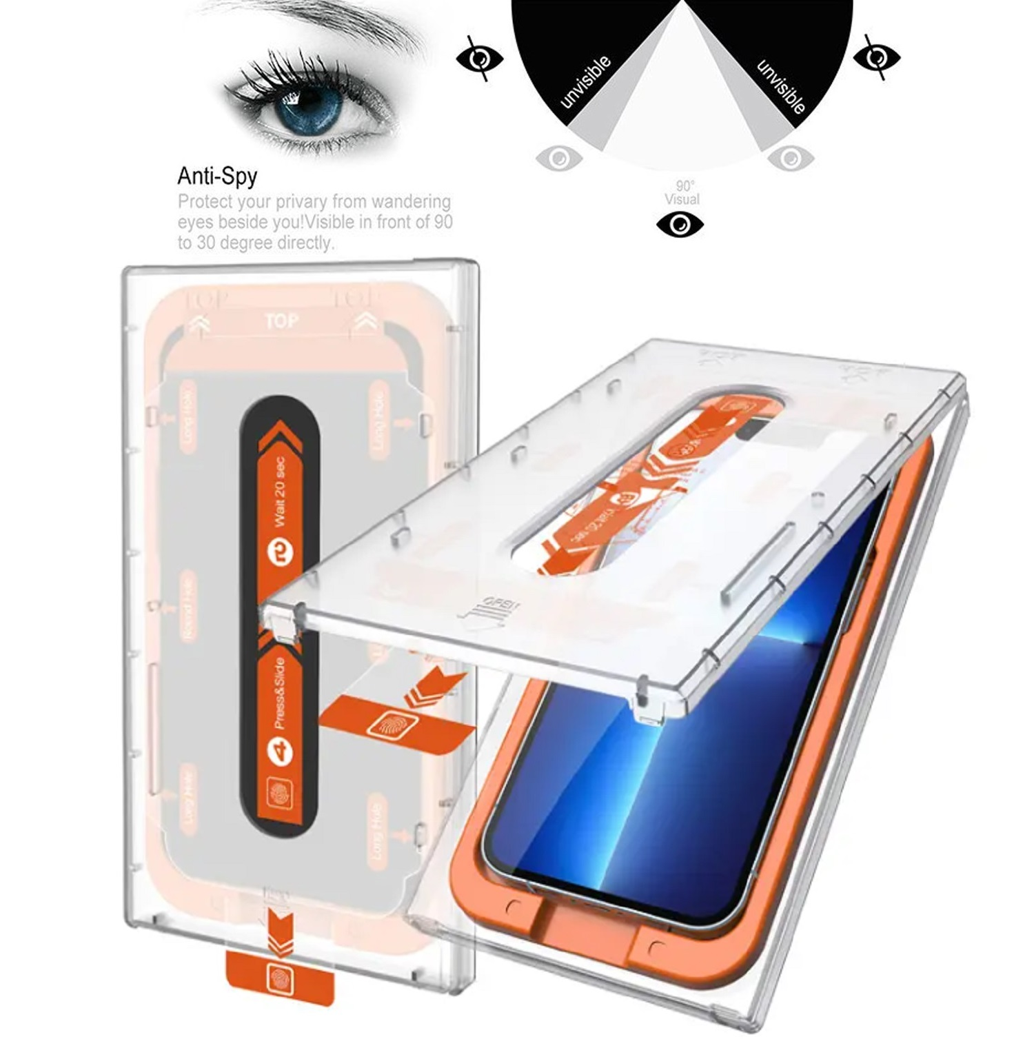 Telefon-Displayschutz-Applikationskit, mit Anti-Spionage-Funktionen, orangefarbener Rahmen und transparentem Gehäuse.