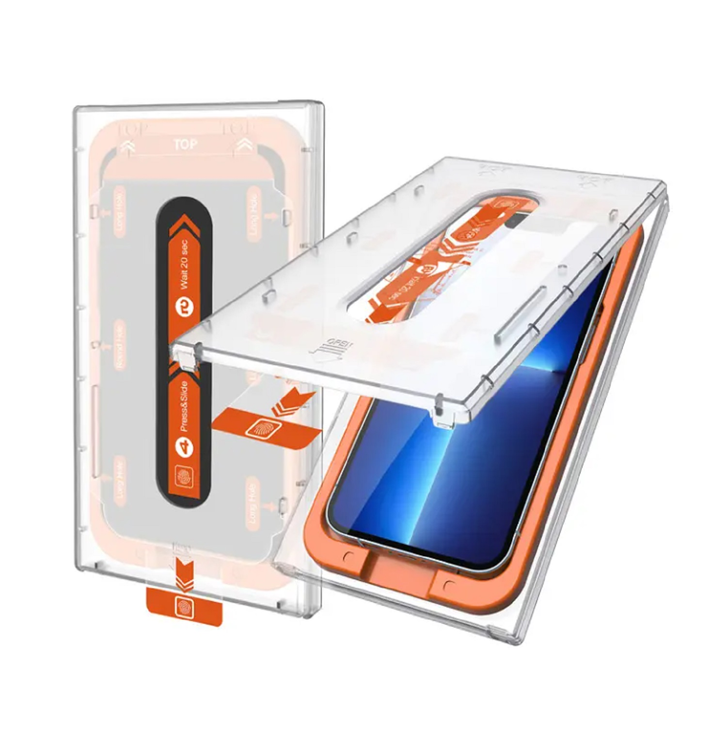 Transparente Kunststoff-Handyhülle mit offenem Deckel, zeigt ein Telefon im Inneren. Orangefarbene Akzente und Anweisungen.