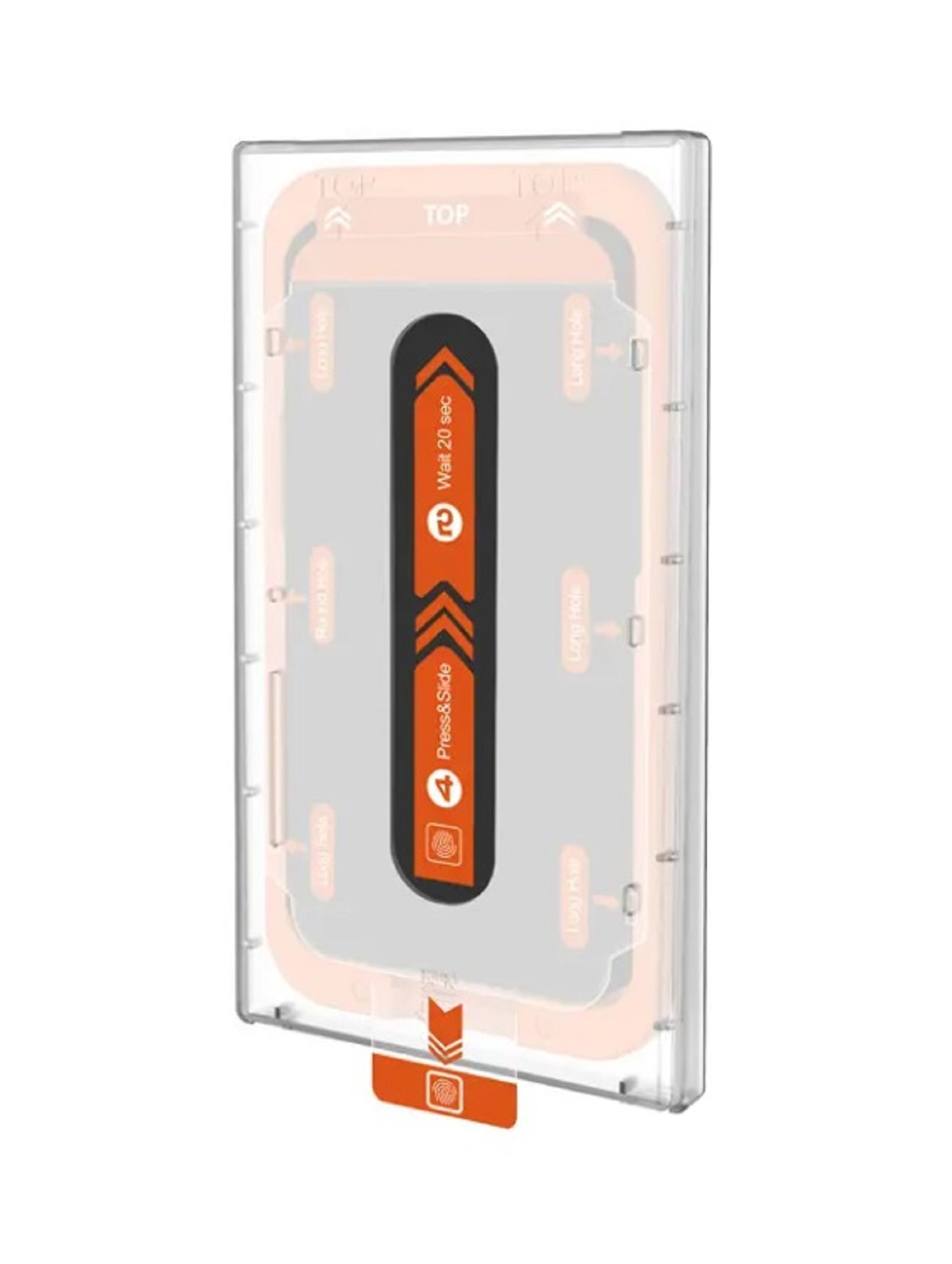 Eine transparente Kunststoff-Handy-Displayschutzhülle mit einer Handy-Vorlage darin.