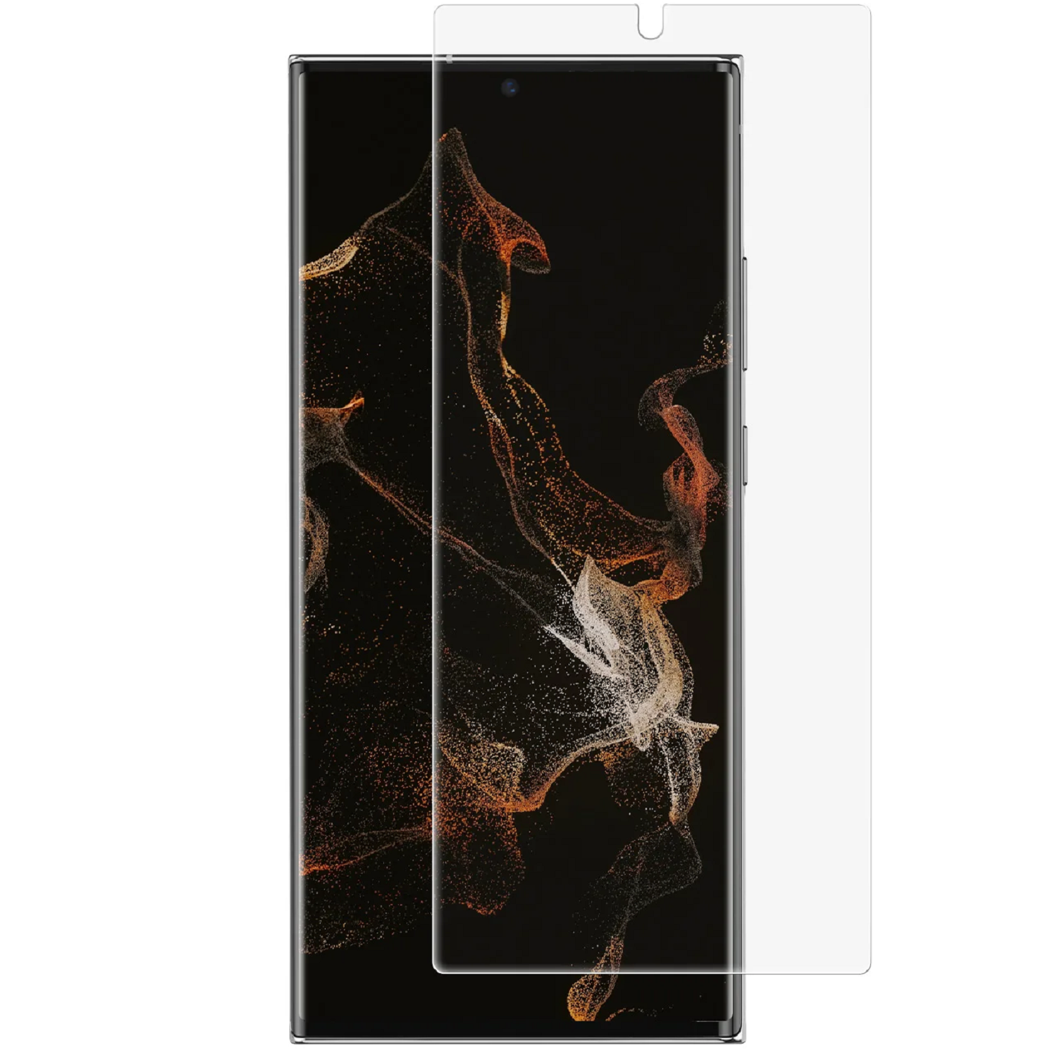 Smartphone mit angebrachter Displayschutzfolie. Das Telefon ist schwarz, der Schutz klar.
