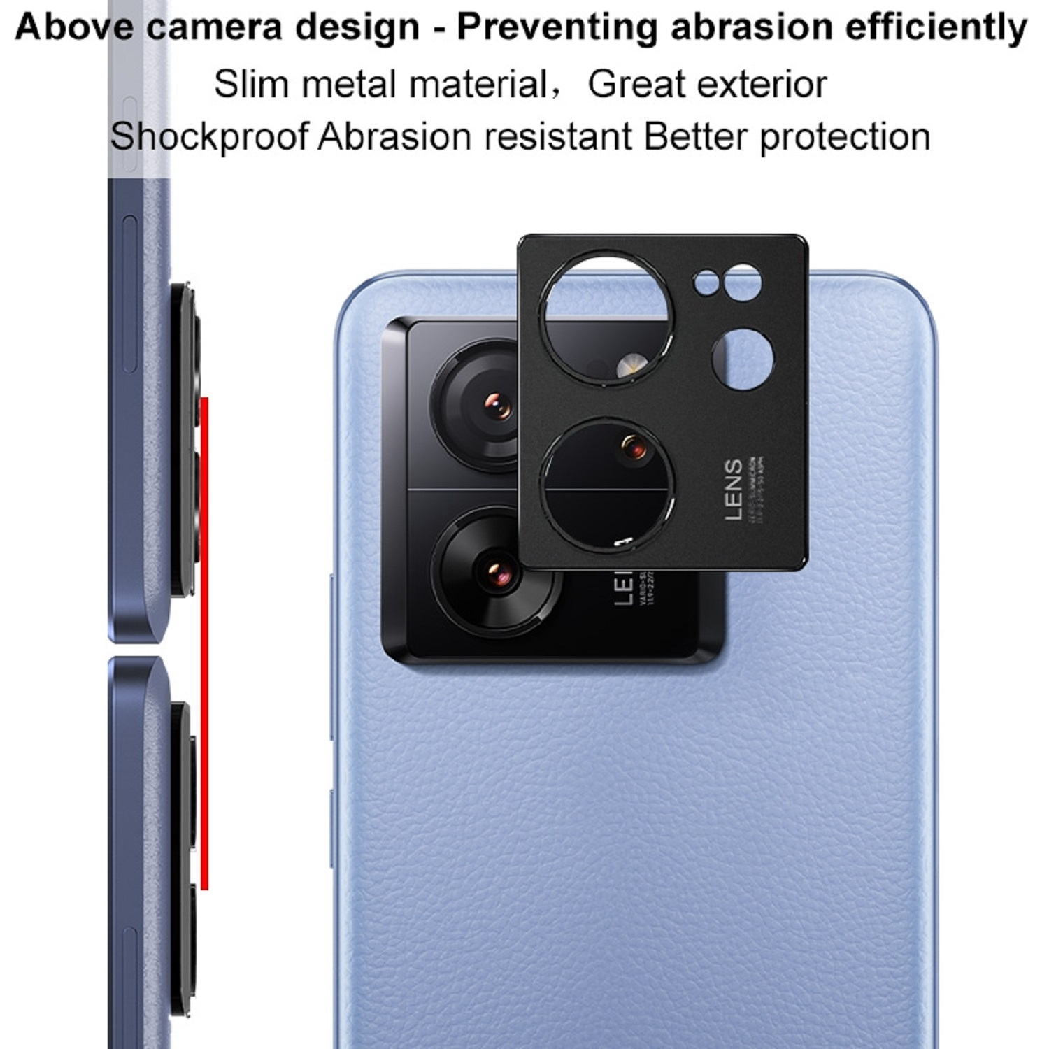 Ein Telefon mit angebrachtem Kameraschutz. Das Bild enthält Text über den Kameraschutz.