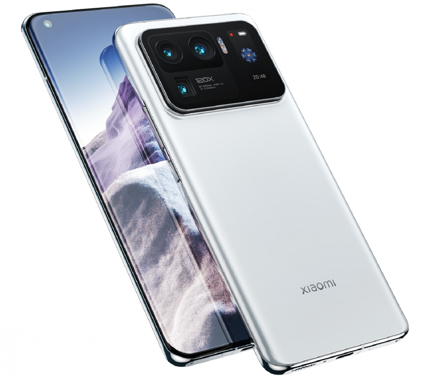 Weißes und silbernes Smartphone, das den Bildschirm und die Kamera zeigt.