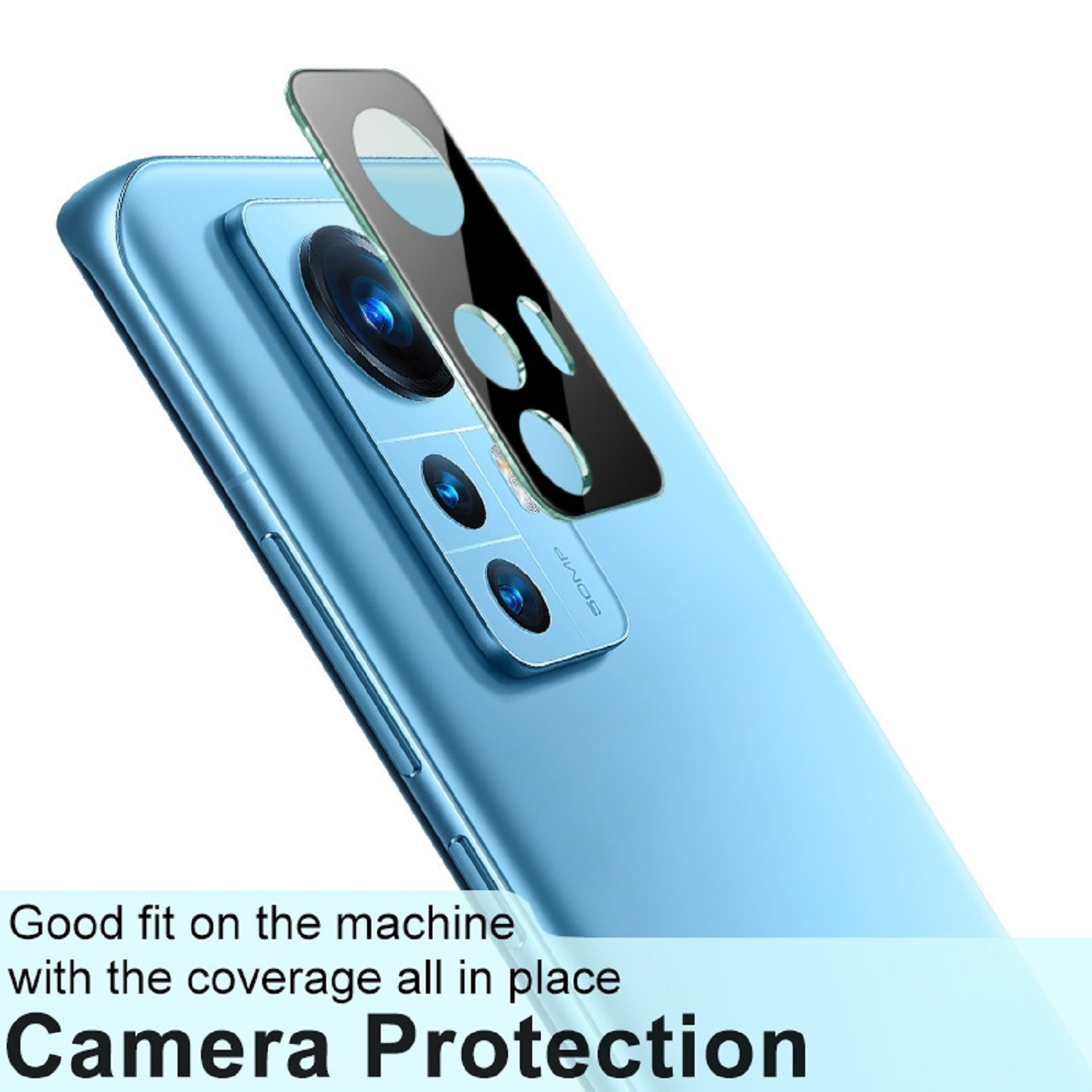 Blaues Telefon mit Kameraschutz auf der Rückseite.