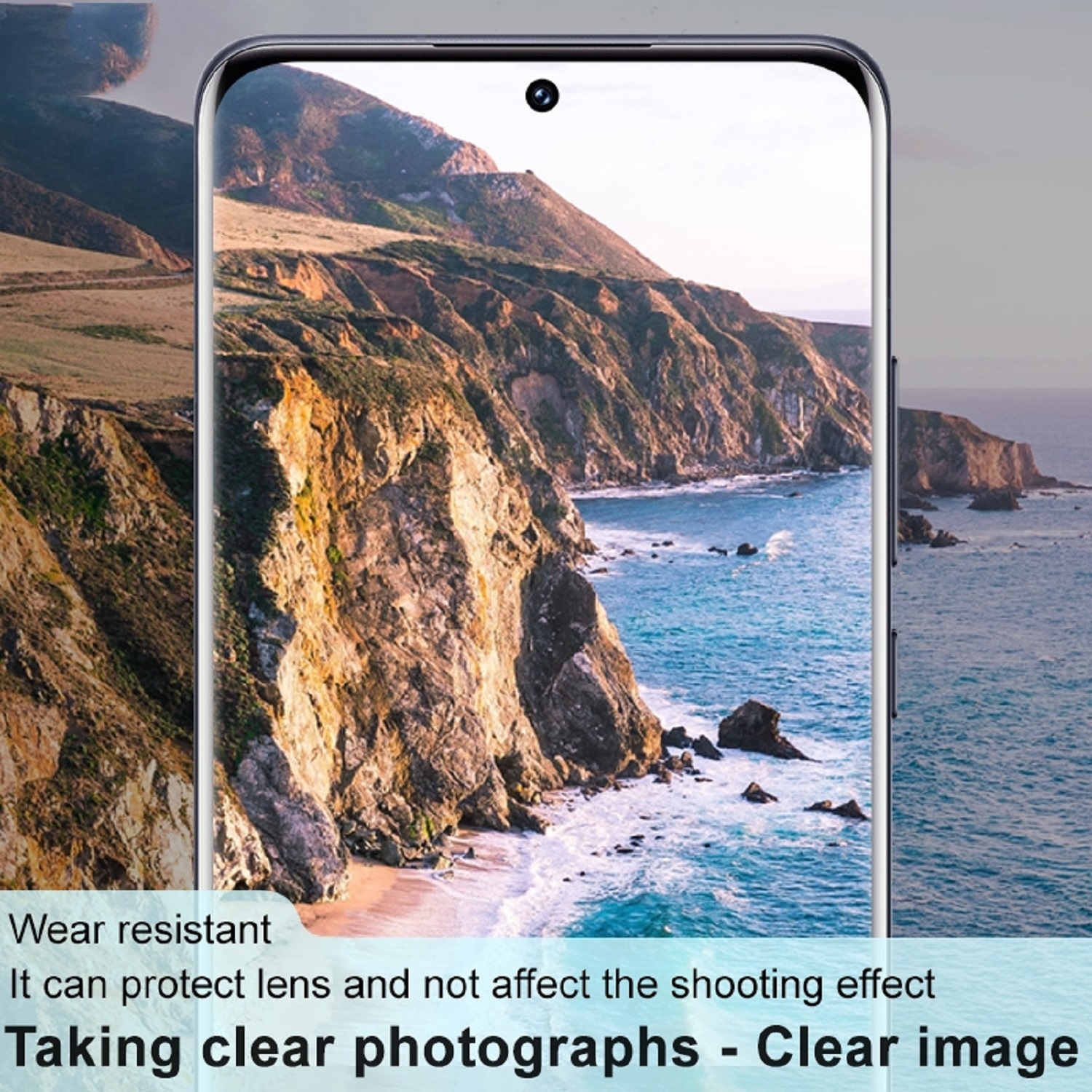 Telefonbildschirm mit Küstenansicht. Text unten: „Klare Fotos machen – klares Bild“