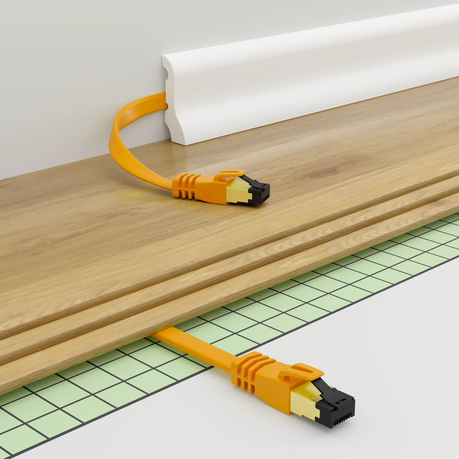 Oranges Ethernet-Kabel, das entlang des Bodens verläuft. Kabel ist mit Wand und Holzboden verbunden.