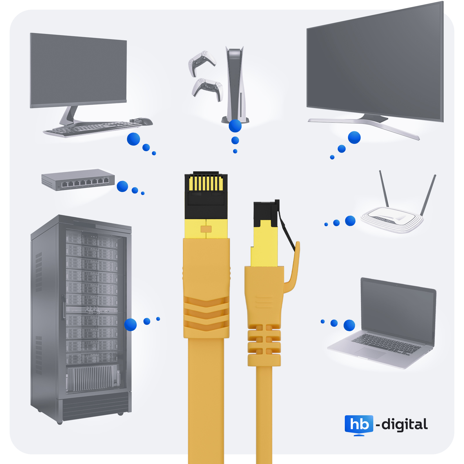 Ethernet-Kabel verbinden verschiedene Geräte: Computer, Konsolen, Server und einen Fernseher.