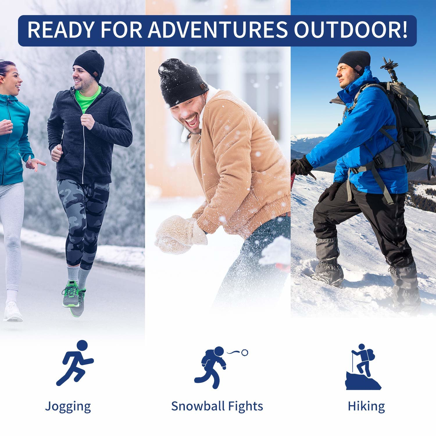 Drie afbeeldingen met mensen die joggen, sneeuwballengevechten en wandelen met pictogrammen.