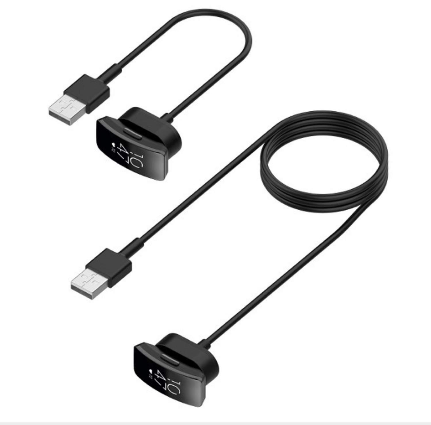 Zwei schwarze Ladekabel für einen Fitness-Tracker mit USB-Anschlüssen an beiden Enden, isoliert.
