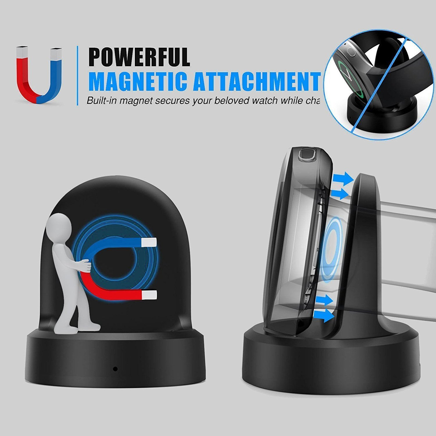 Magnetyczne ładowarki do zegarków. Jedna pokazuje magnesy, druga zegarek ładujący ze strzałkami.
