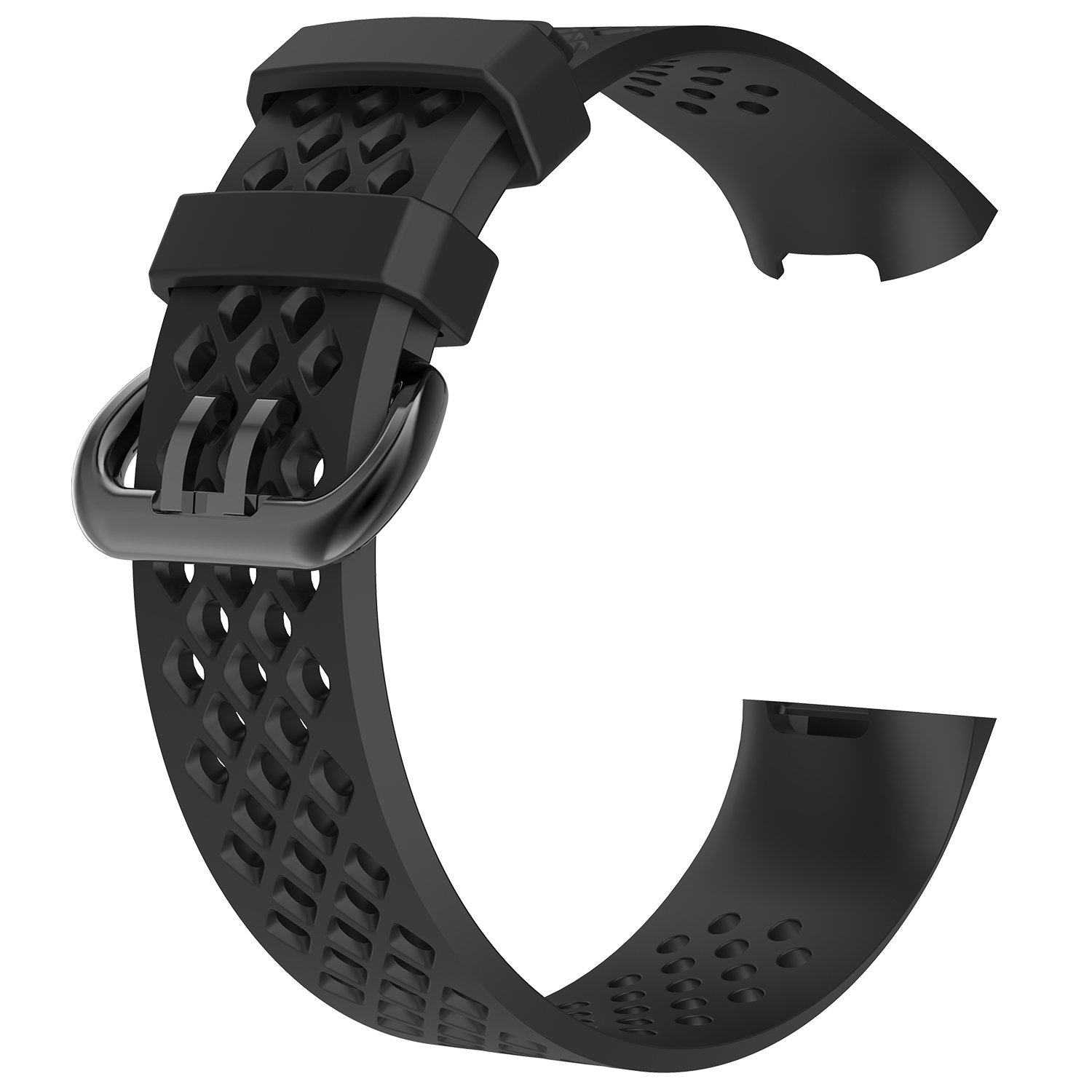 Schwarzes Uhrenarmband mit Schnalle, detailliertes Muster, isoliert auf Weiß.