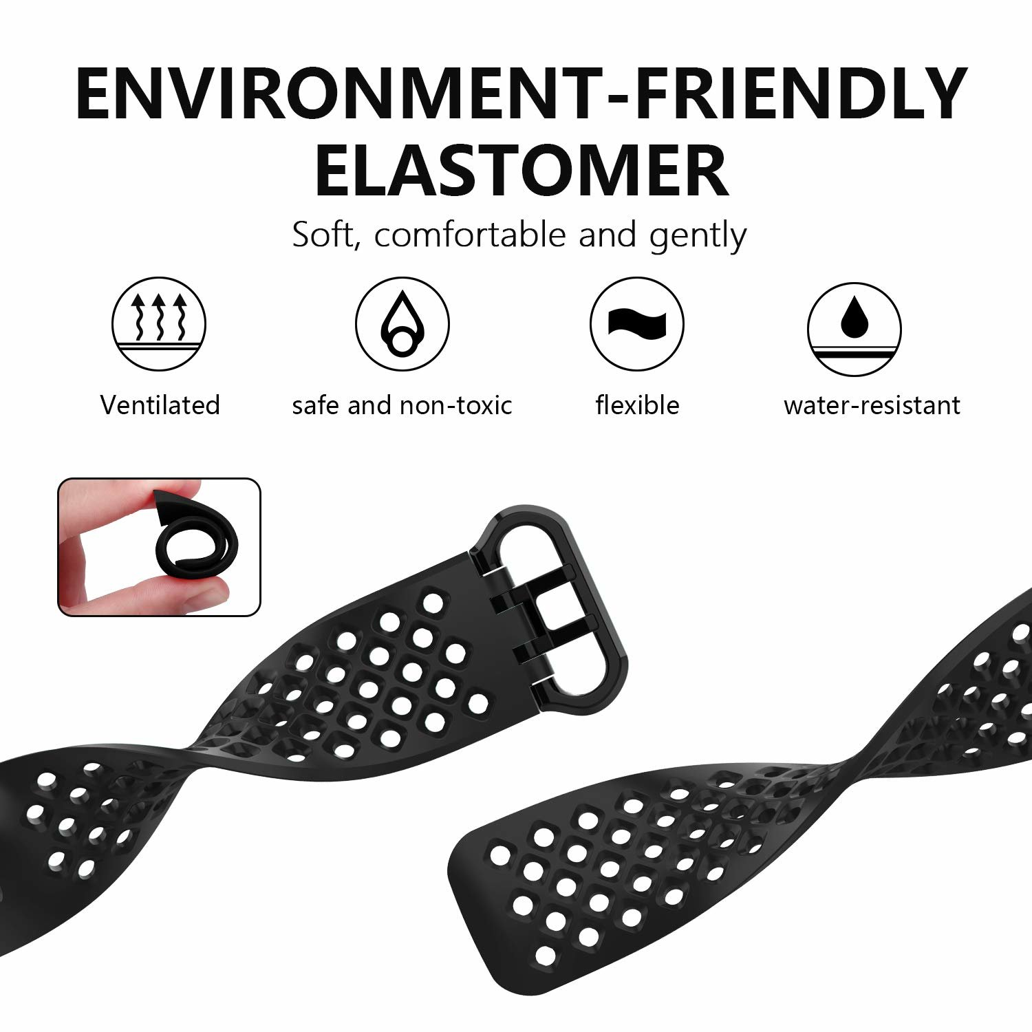 Schwarzes Armband mit Perforationen, das den Text 'UMWELTFREUNDLICHES ELASTOMER' und Symbole für Belüftung usw. zeigt.
