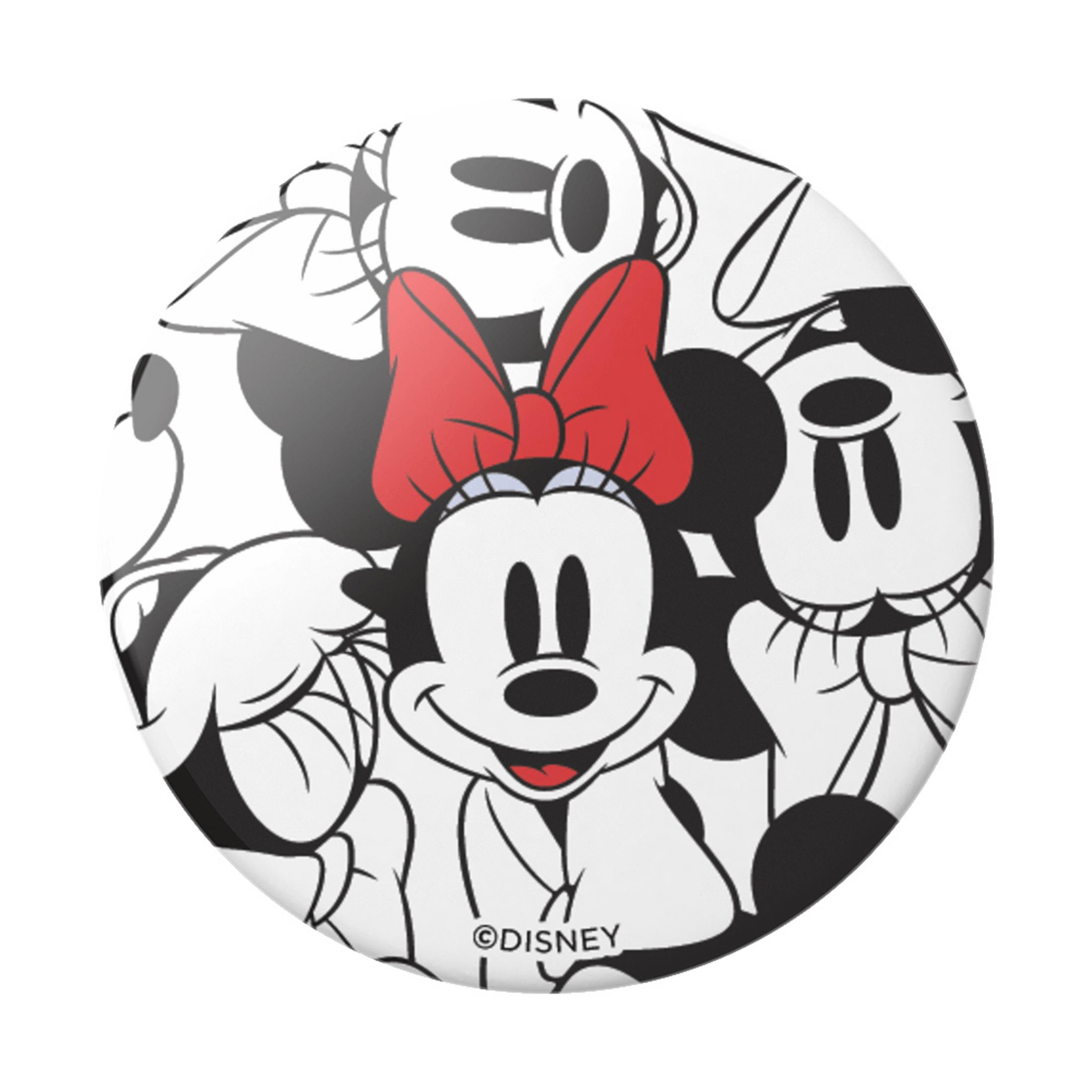 Minnie-Maus-Gesicht auf rundem weißen Hintergrund mit anderen Minnie-Gesichtern. Rote Schleife und lächelndes Gesicht.