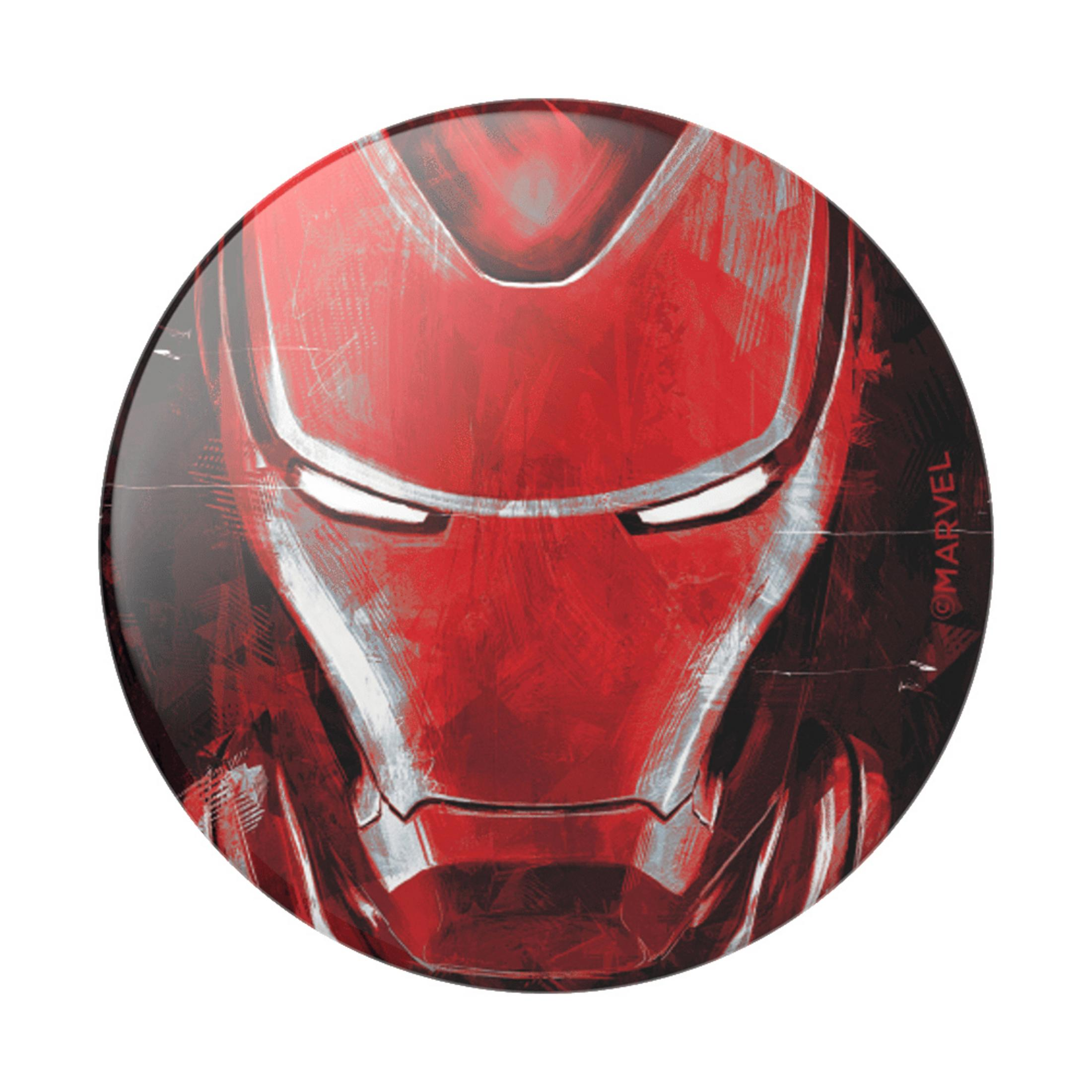 Runder, roter PopSocket mit Iron Man-Grafik. Weißer Hintergrund, schwarze Ränder, glänzende Oberfläche.