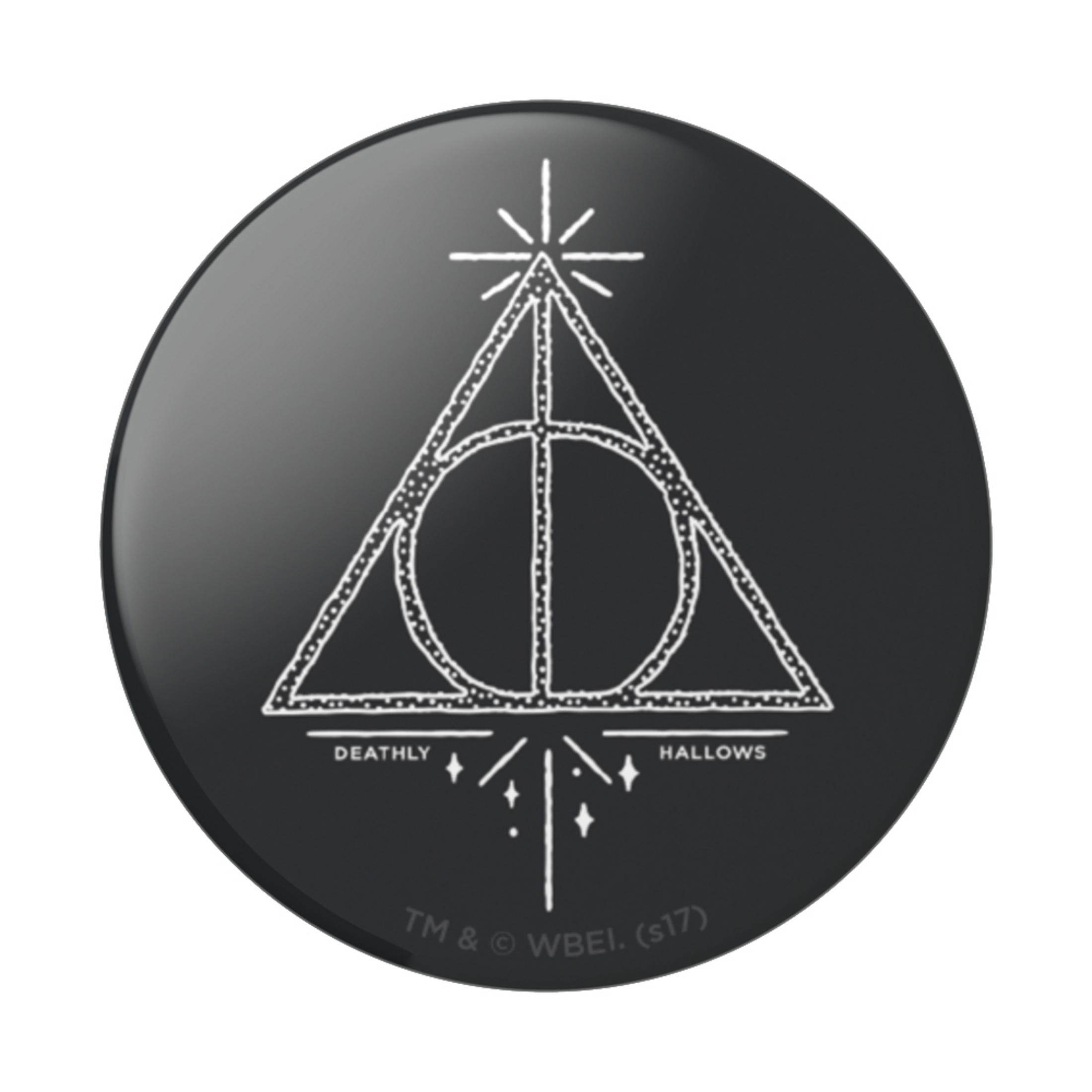 Ein schwarzes Abzeichen mit dem Symbol der Heiligtümer des Todes, einem Dreieck und Kreis mit Linien.