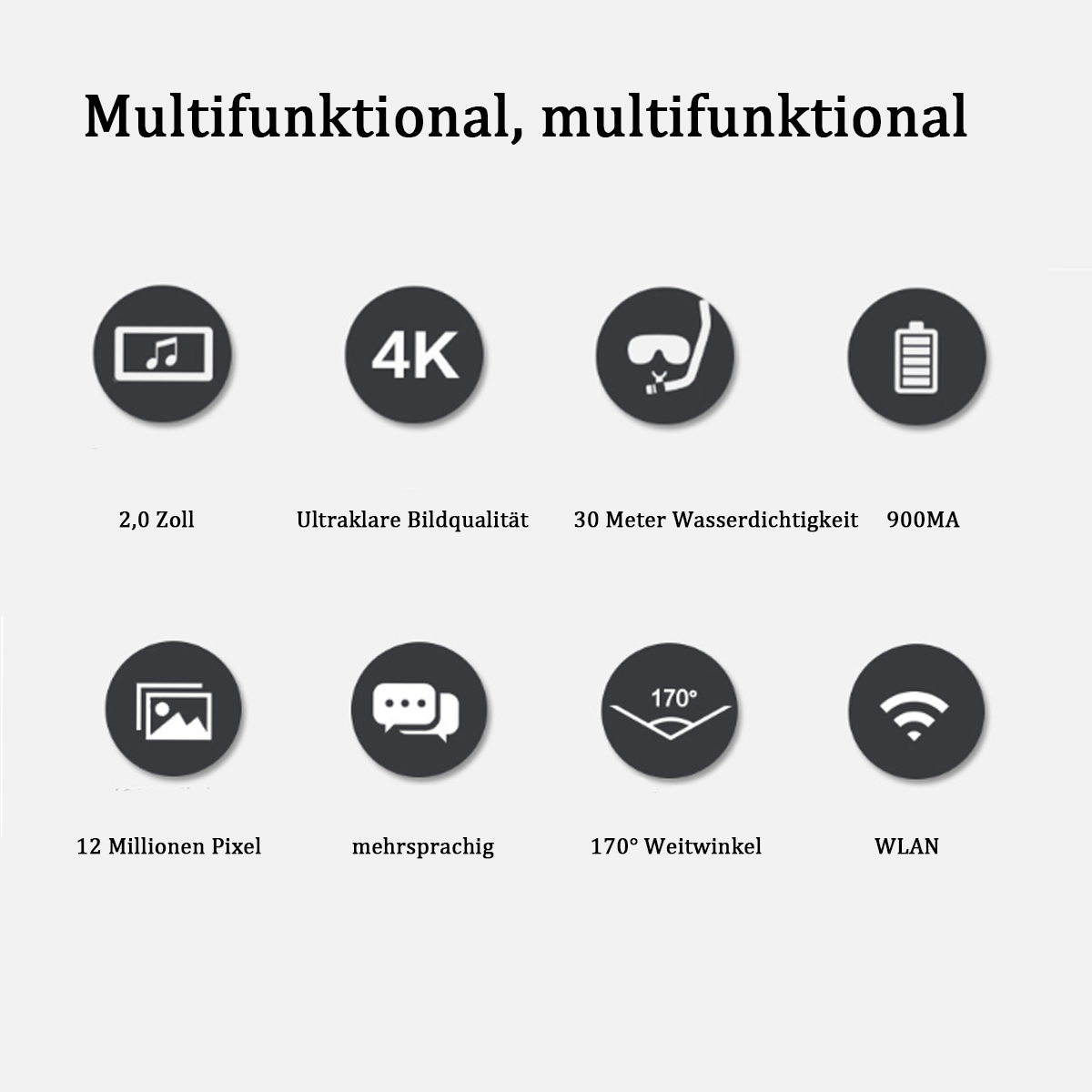 Symbole für Funktionen: 2,0 Zoll, 4K, 30m wasserdicht, 900MA, 12MP, mehrsprachig, 170° Weitwinkel, WLAN.