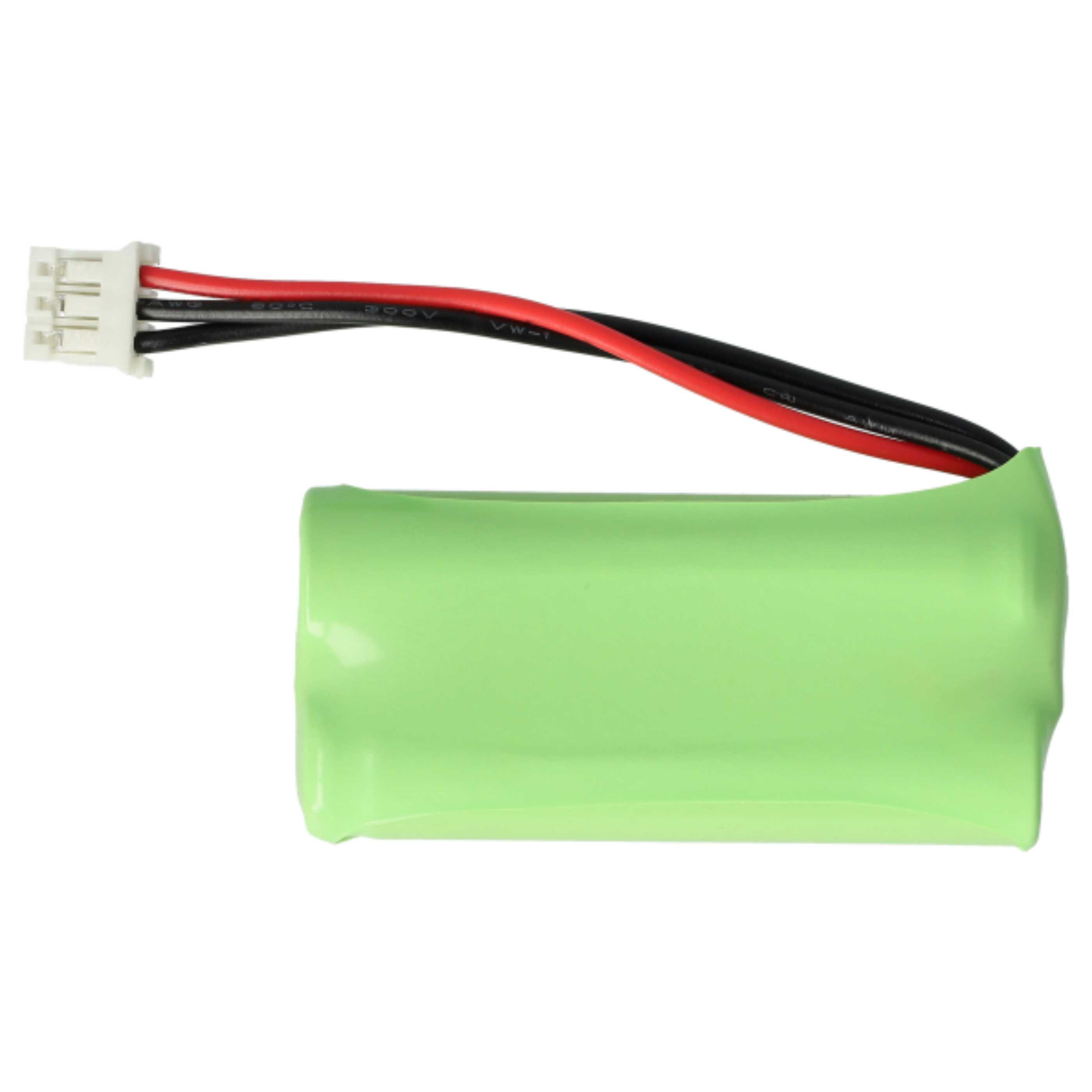 Eine grüne zylindrische Batterie mit weißem Stecker und roten und schwarzen Drähten.