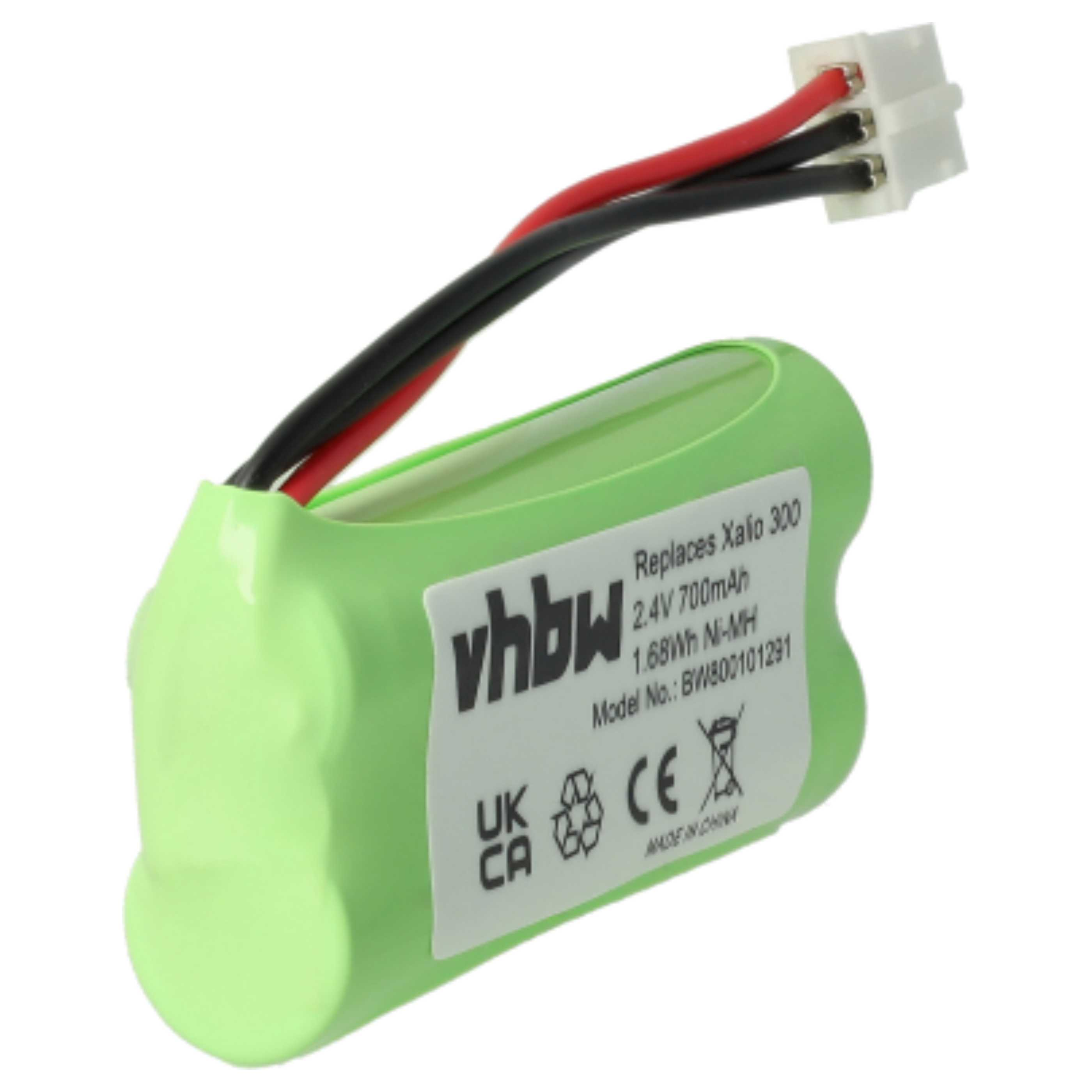 Eine grüne Batterie mit schwarzen und roten Drähten und einem weißen Stecker.