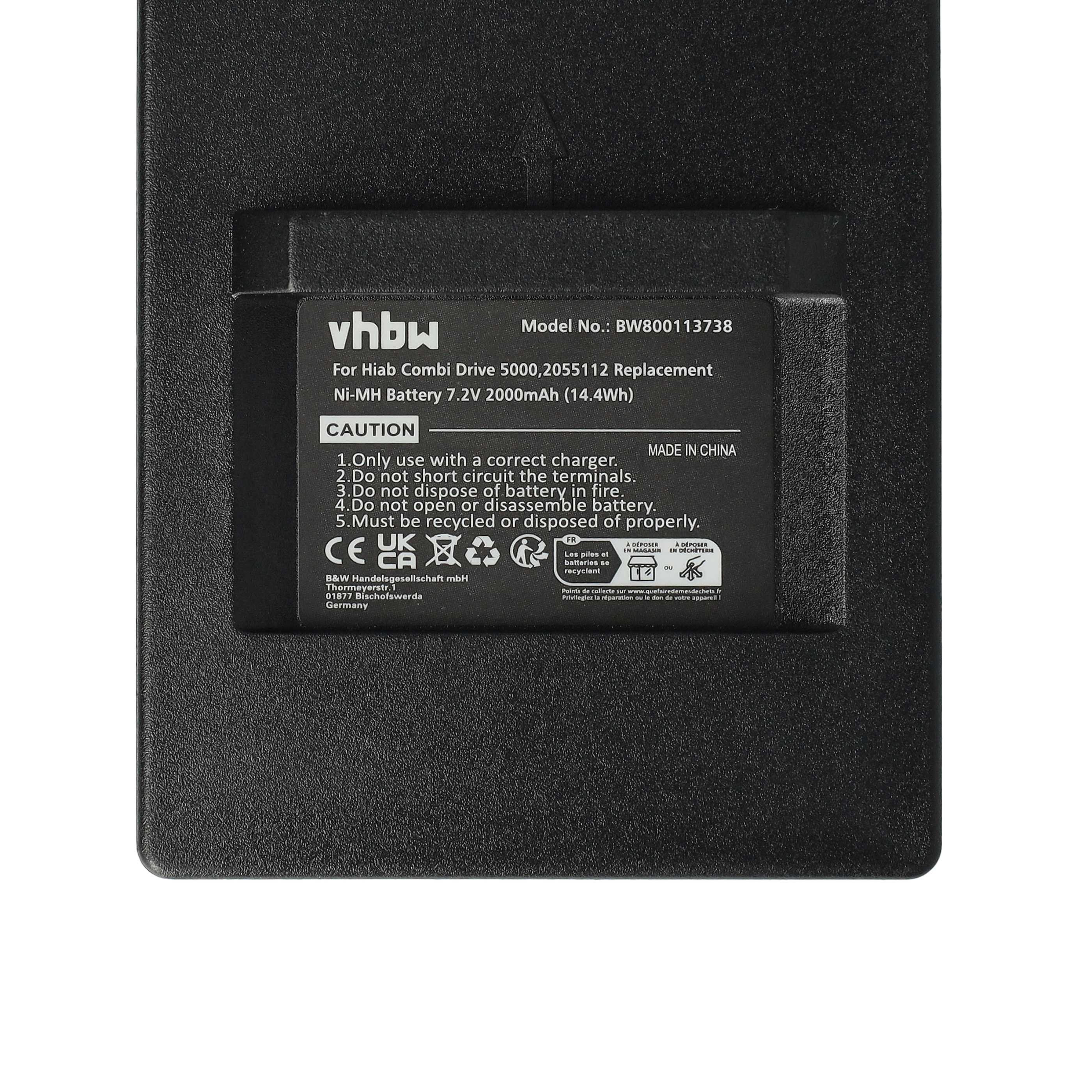 Schwarze Batterie mit Etikett. Text enthält Modellnummer und Warnhinweise.