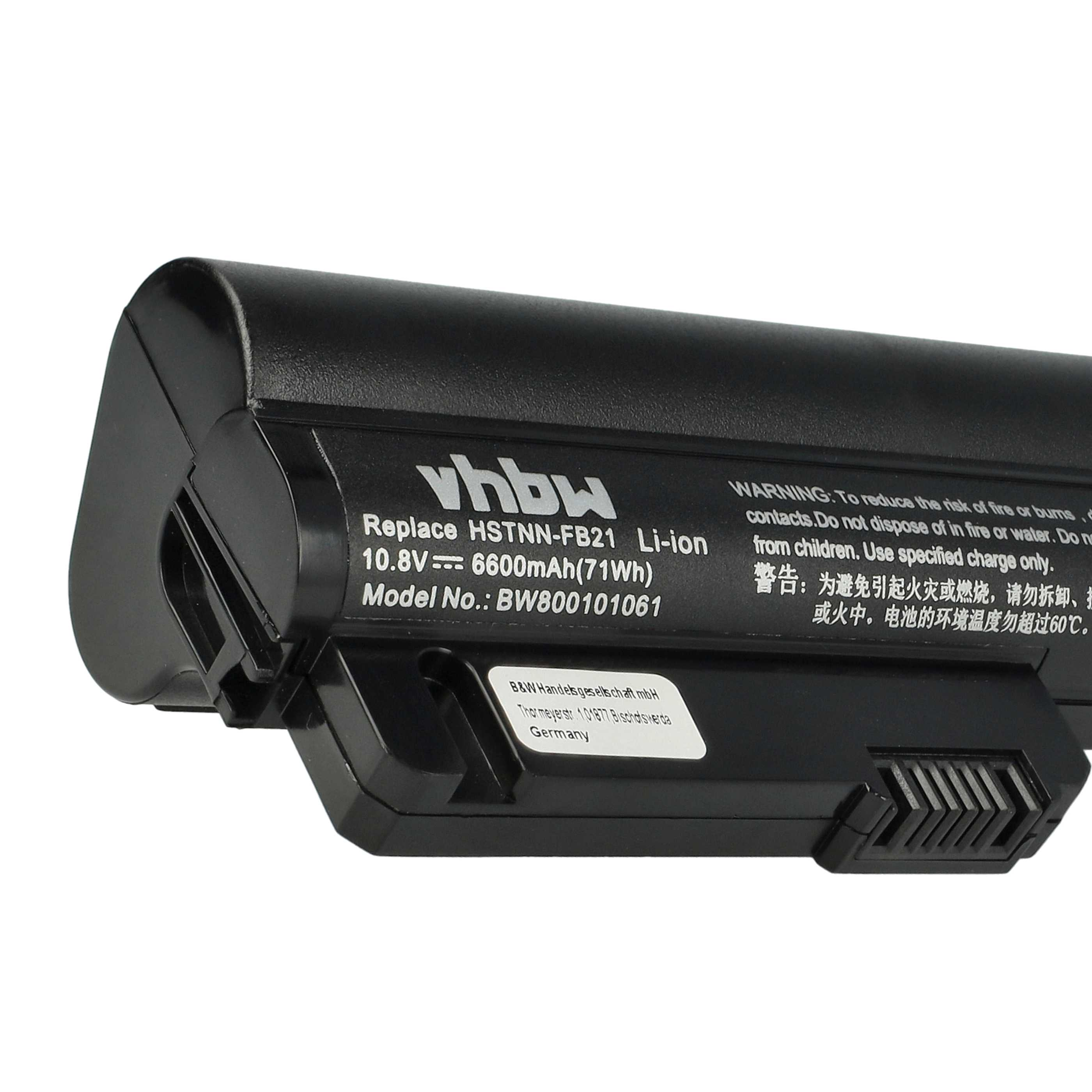 Schwarzer Laptop-Akku mit Text: Replace HSTNN-FB21 Li-ion, 10.8V 6600mAh. Text sagt auch vhbw.