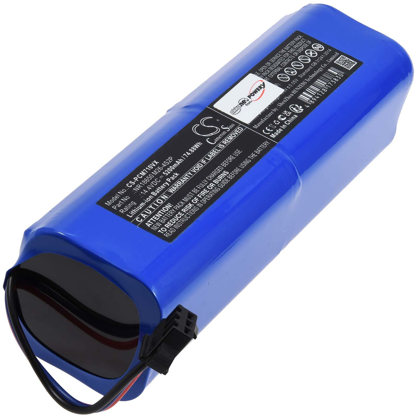 Eine blaue Batterie mit Warnhinweisen und einem Etikett. Sie ist blau und hat schwarze Kabel, isoliert auf Weiß.