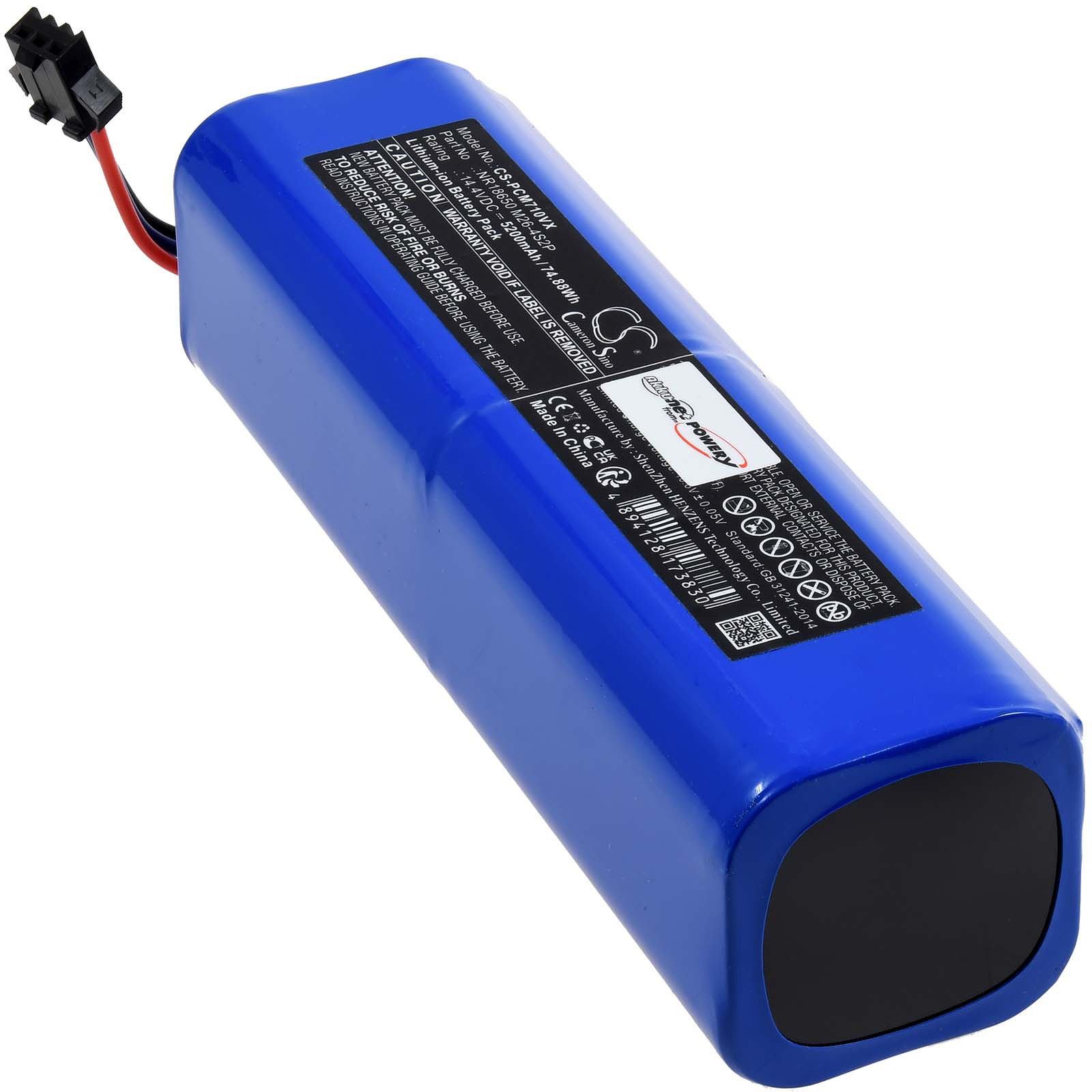Ein blaues Akkupack mit schwarzem Deckel. Ein schwarzer Stecker und das Etikett mit Informationen sind darauf.