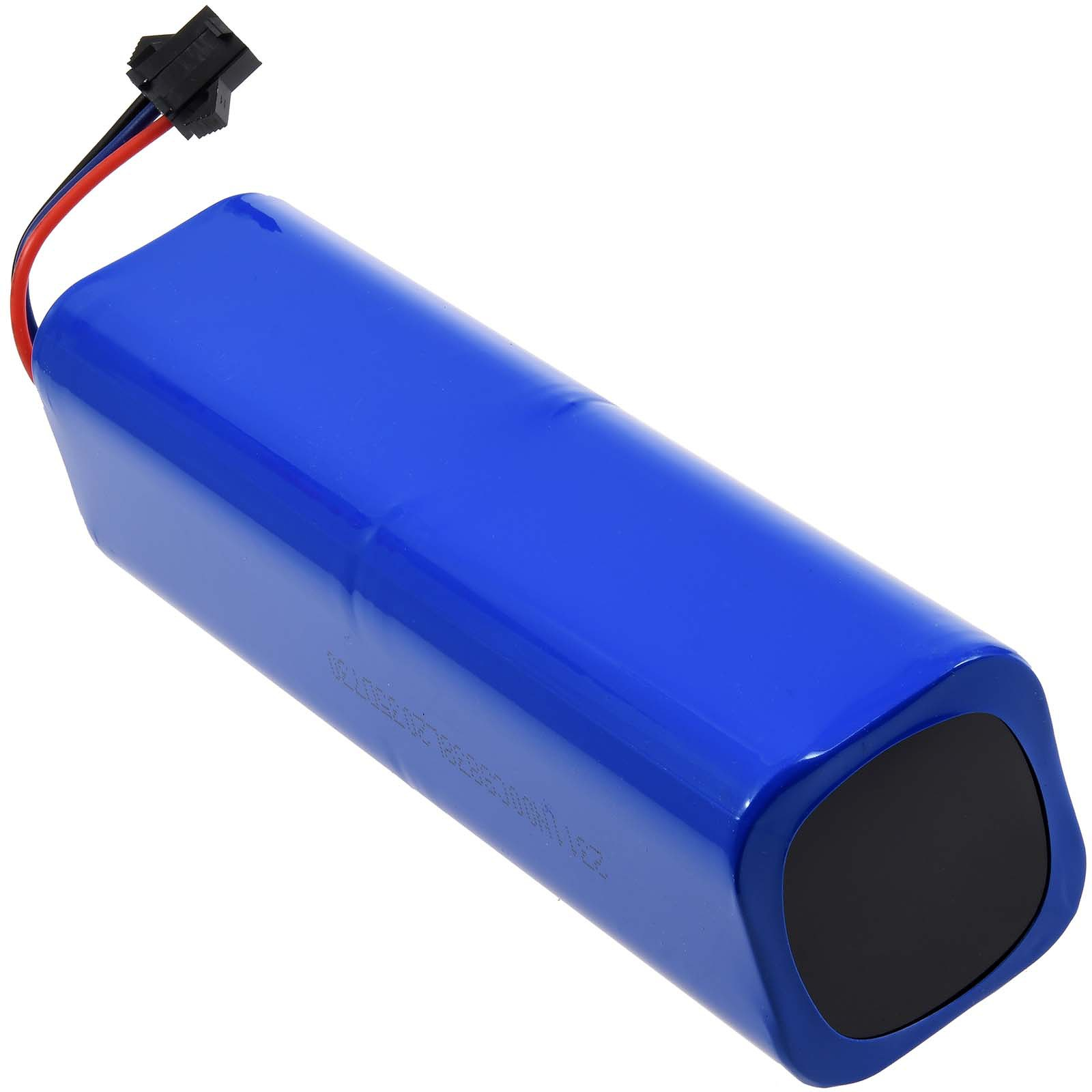 Blaue rechteckige Batterie mit schwarzen und roten Drähten, die Batterie hat eine schwarze Oberfläche.