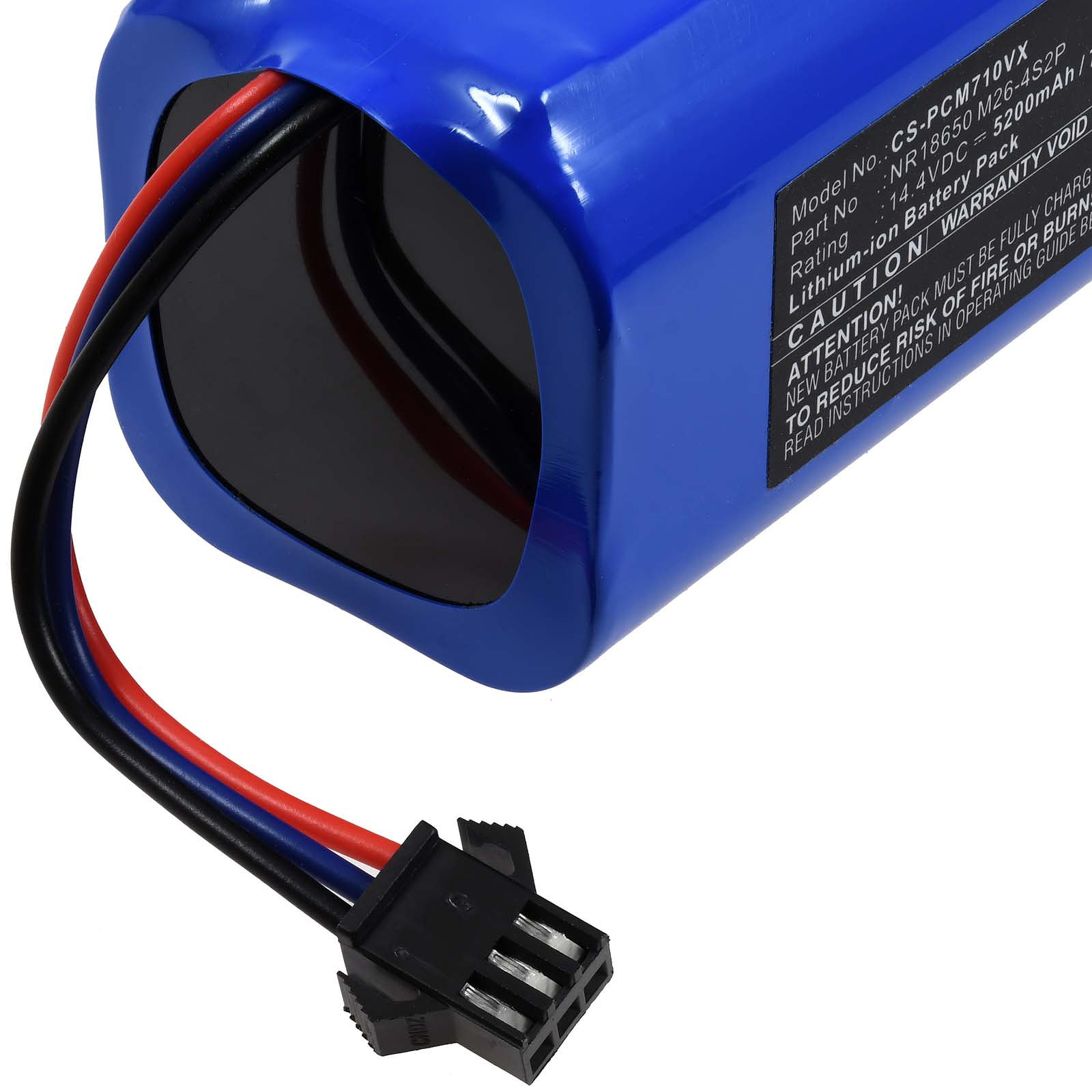 Blauer Akku mit roten, schwarzen und blauen Drähten und einem Stecker. Text auf dem Etikett.