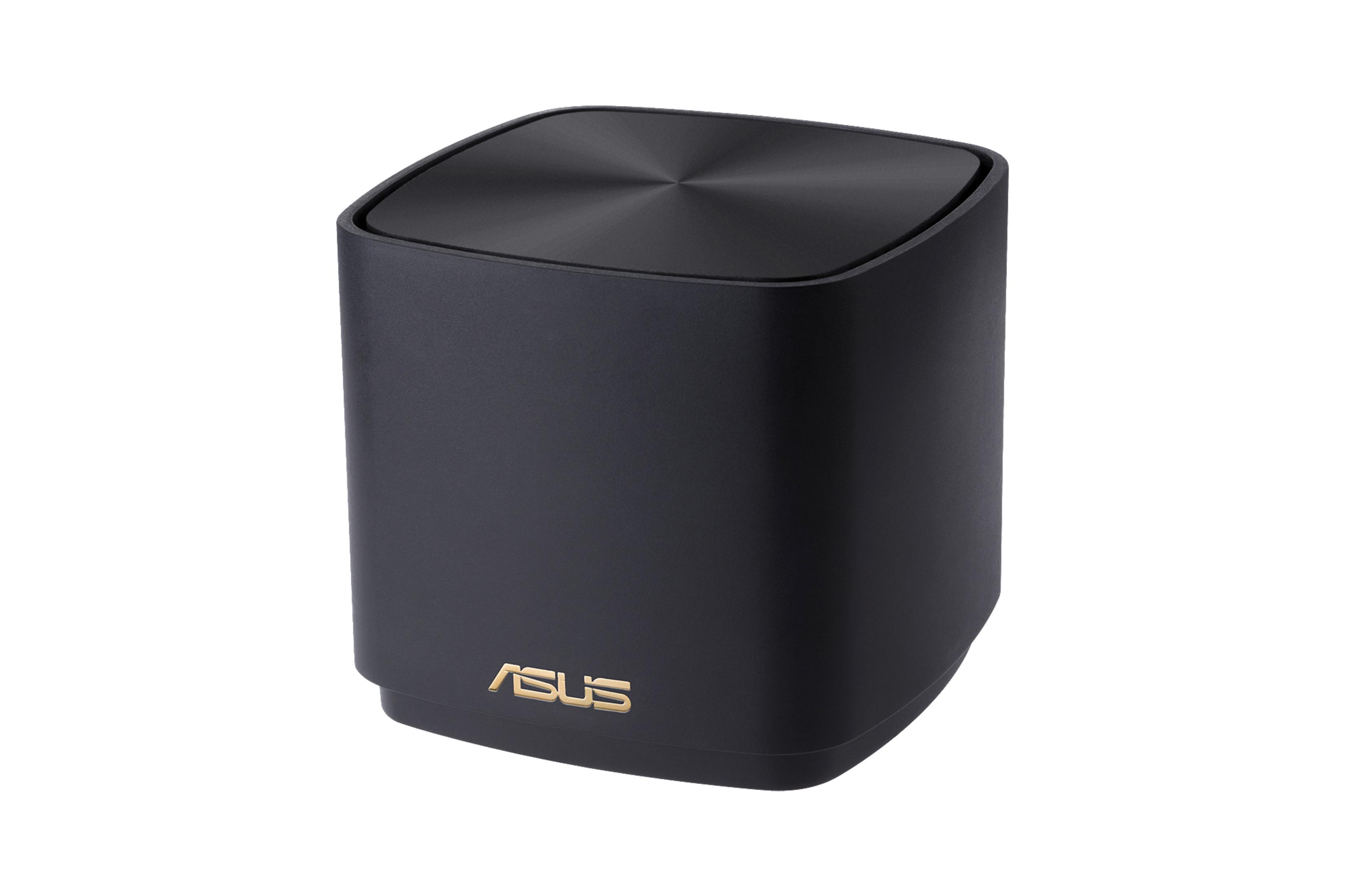Router nero con parte superiore piatta e logo ASUS. È su sfondo bianco.