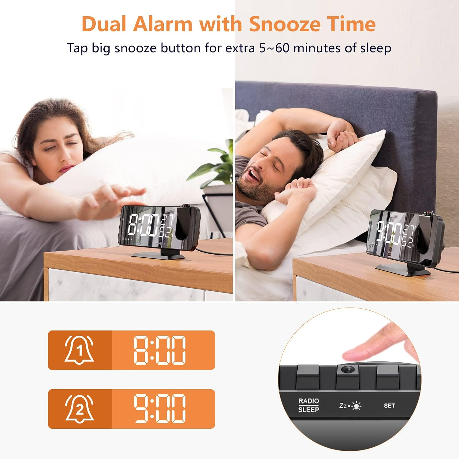 Zwei Personen im Bett. Eine Uhr zeigt 8:00 und 9:00. Eine Hand drückt einen Knopf.