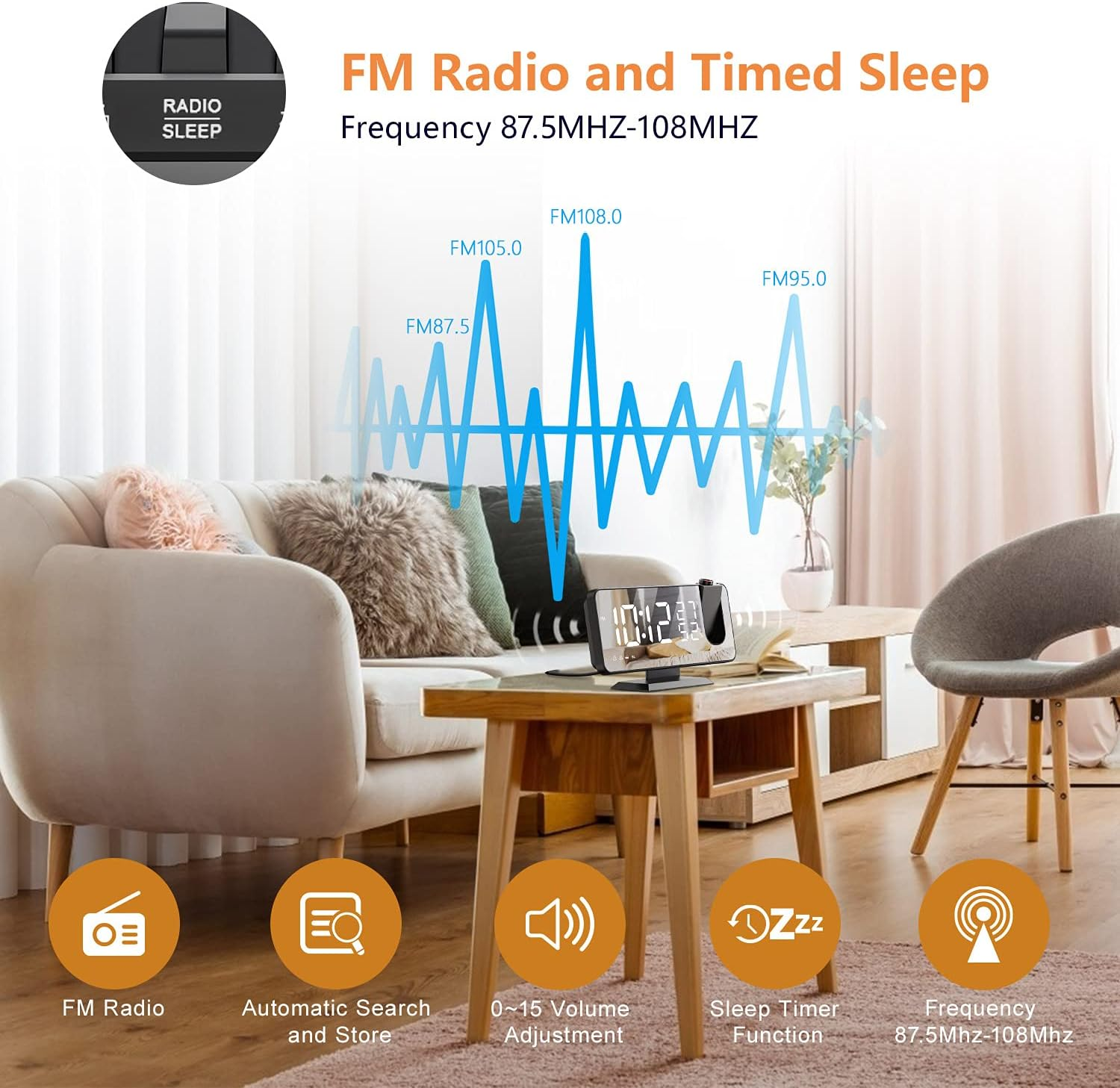 Ein Wecker mit UKW-Radiofunktion, mit einem Diagramm, das Radiowellenfrequenzen zeigt.